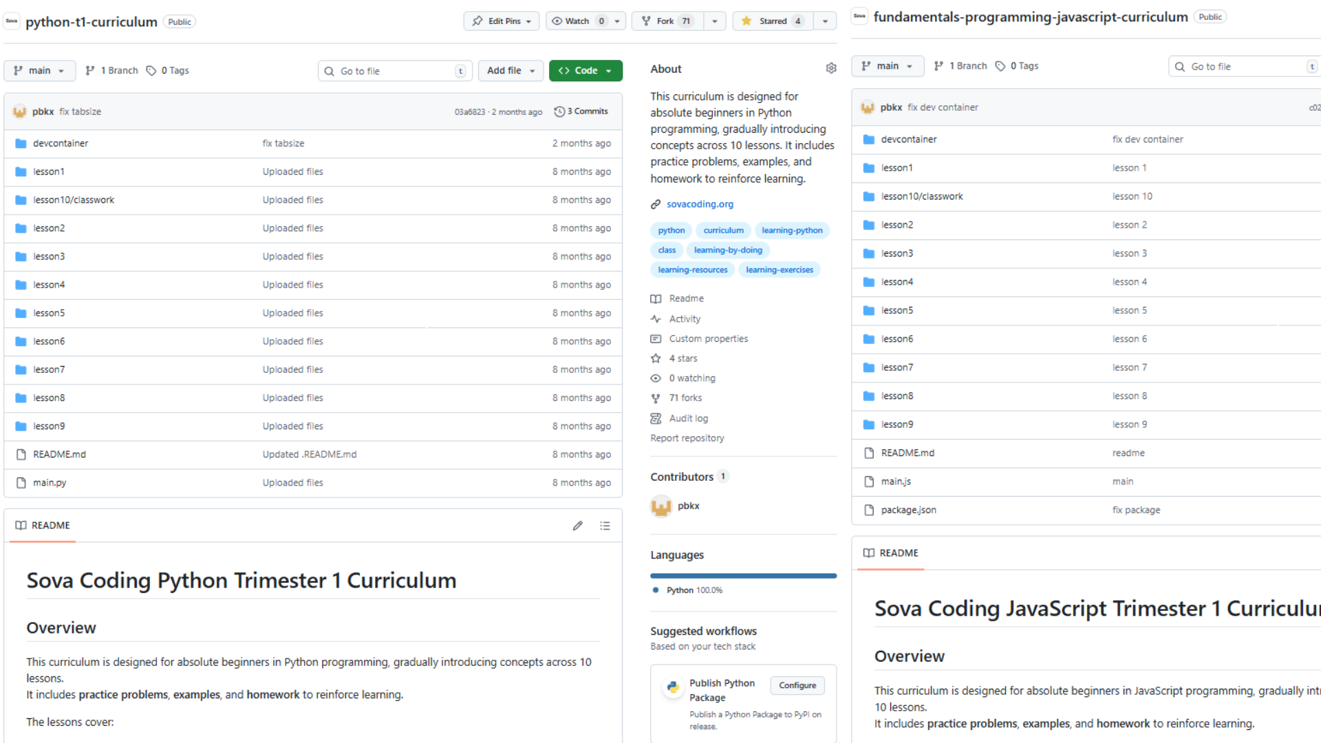 GitHub repositories for Python and JavaScript curriculum