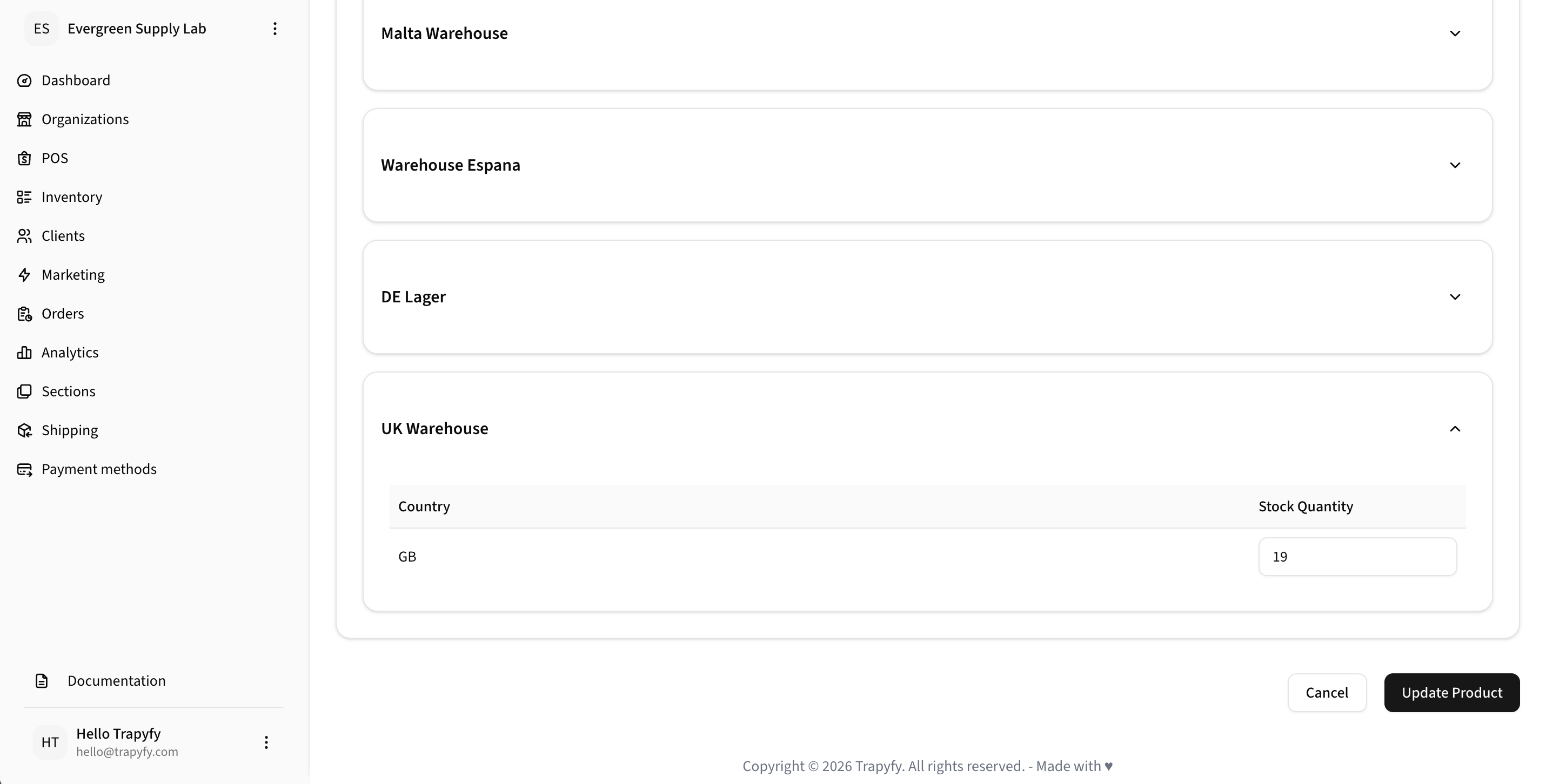 Bottom of product inventory page showing multiple warehouses and the Update Product button