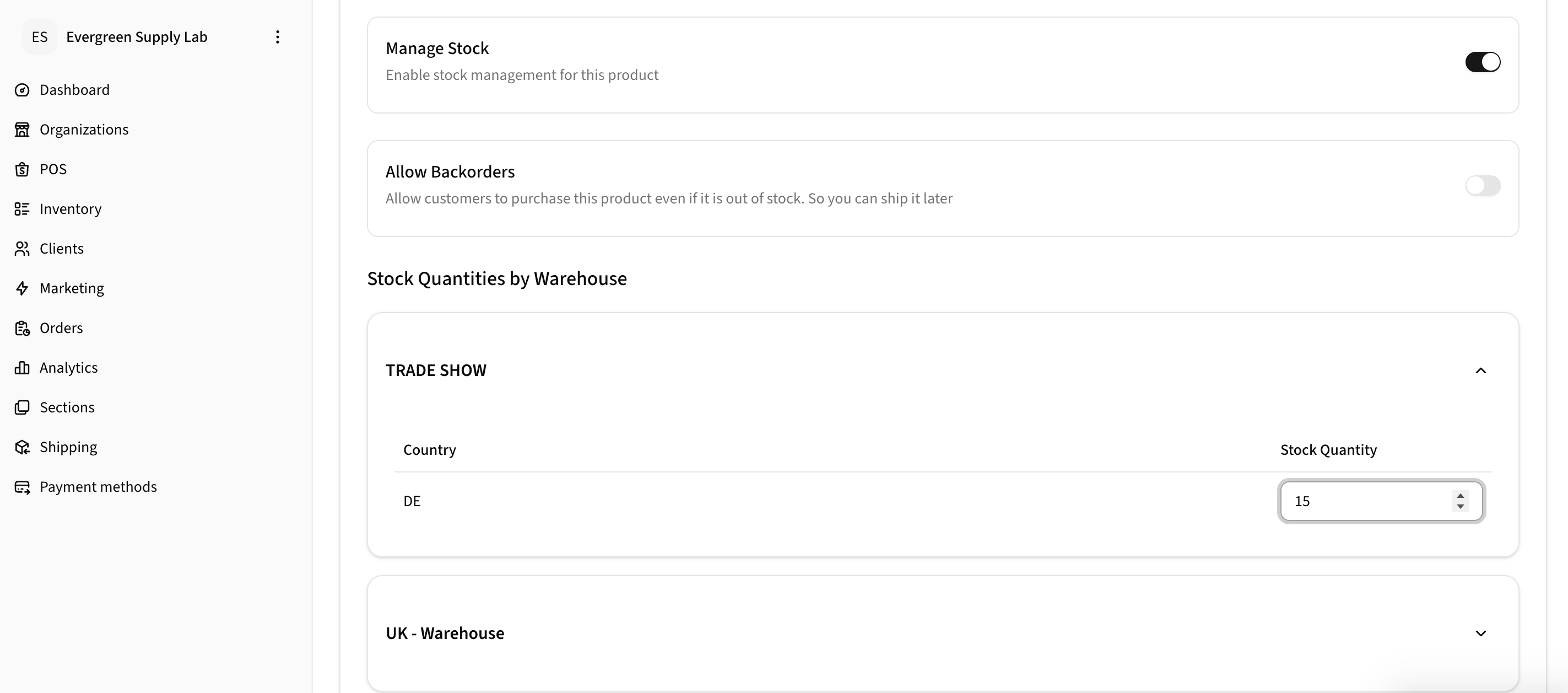 Product edit page showing Kiosk assignment section with Warehouse dropdown set to TRADE SHOW and Wi-Fi QR preview, plus Inventory and Pricing configuration