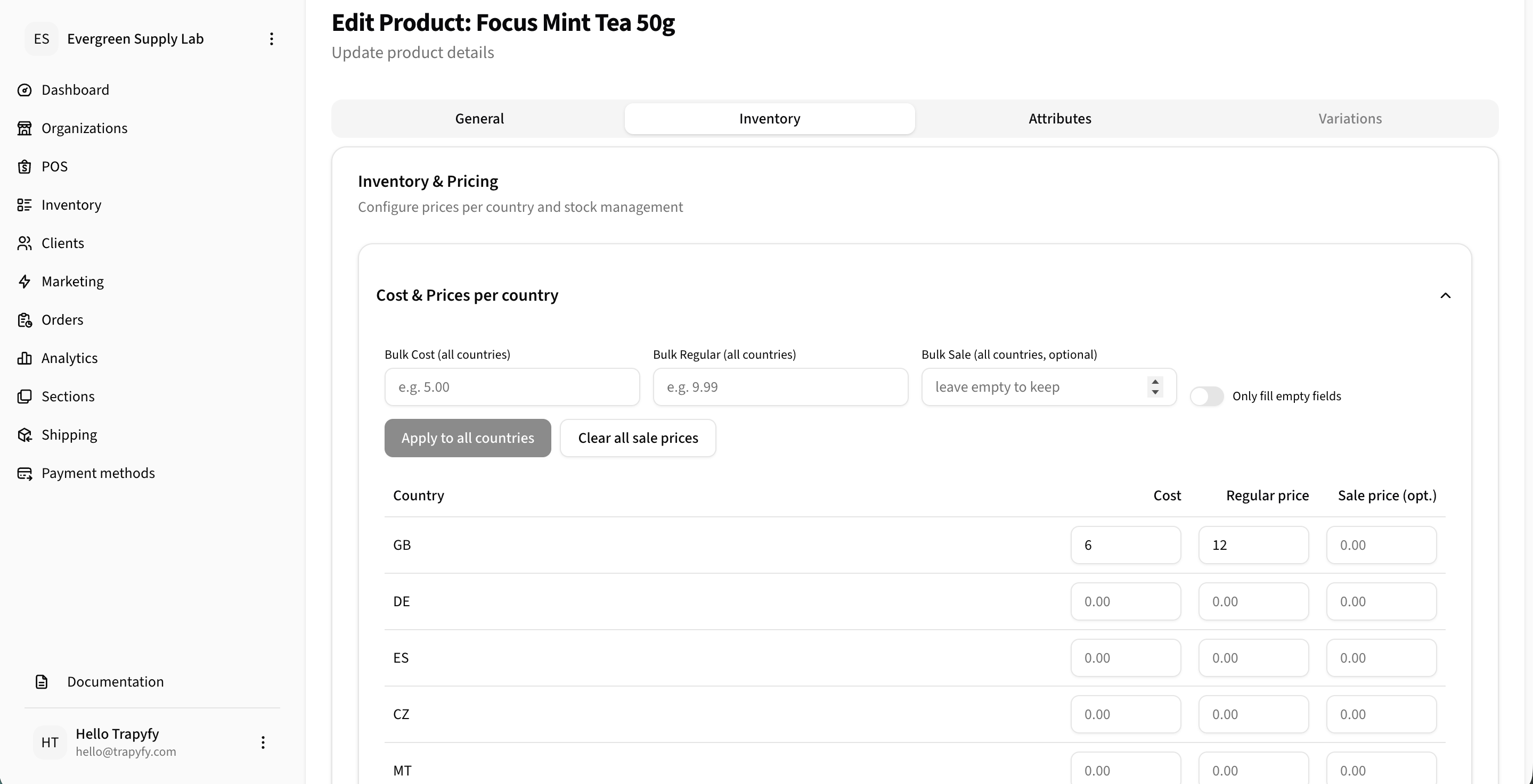 Edit Product Inventory tab showing Cost and Prices per country with GB cost 6, regular price 12, DE/ES/CZ/MT all 0