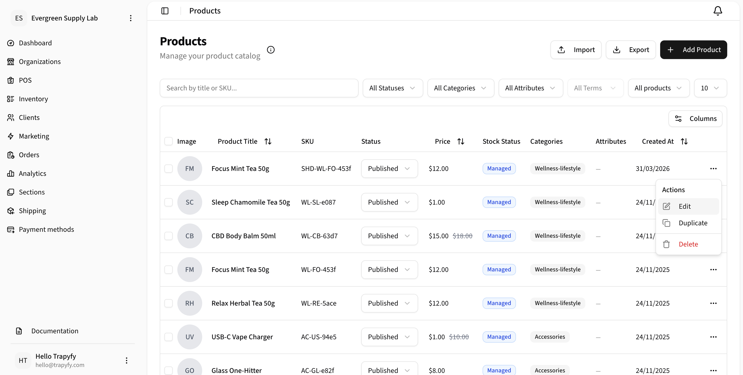 Edit Product Inventory tab showing Cost and Prices per country table with country rows (GB, DE, ES, CZ, MT) and columns for Cost, Regular price, Sale price