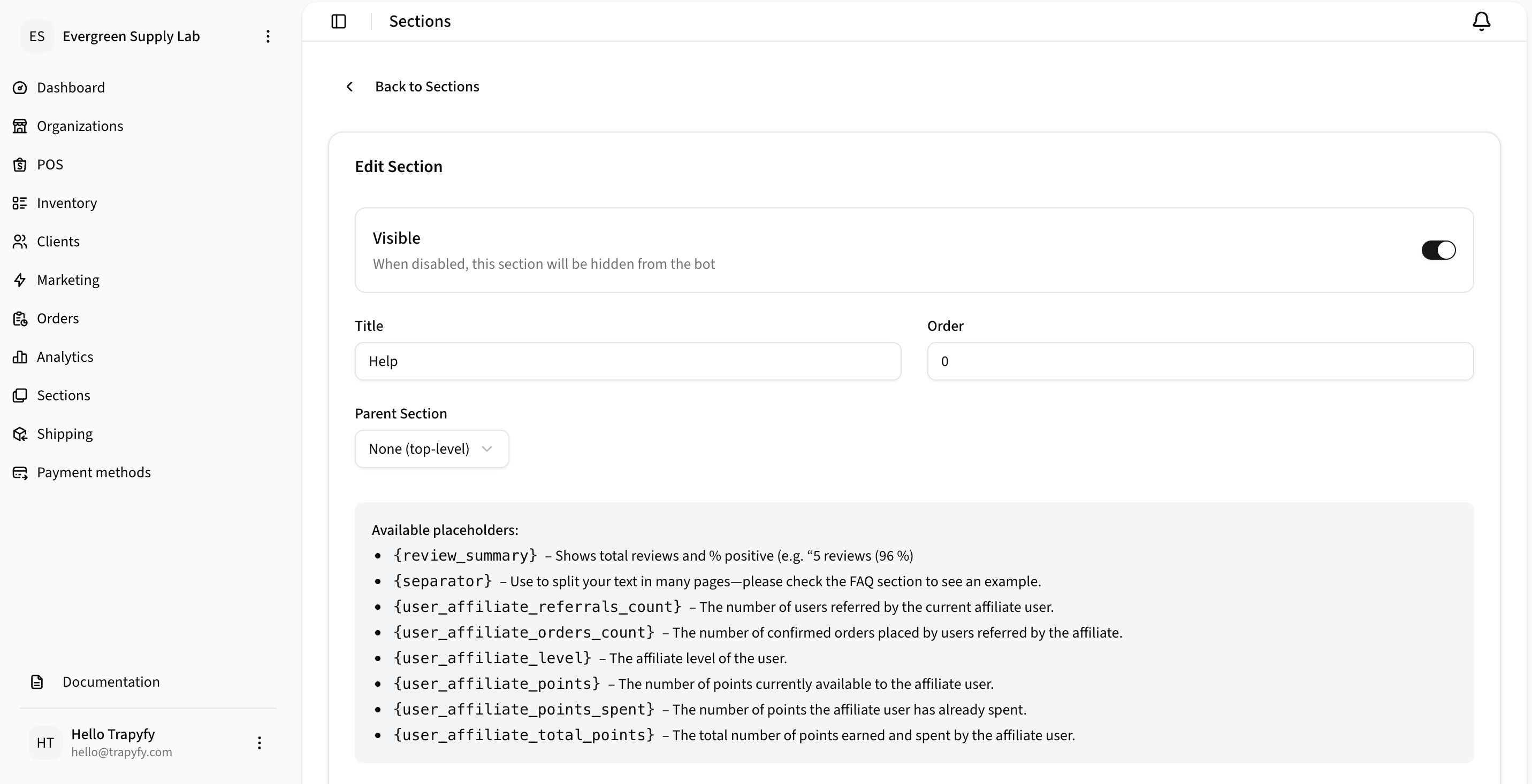Edit Section page showing Back to Sections link, Edit Section heading, Visible toggle OFF, Title field with 'Help', Order field with '0', Parent Section dropdown set to 'None (top-level)', and Available placeholders list