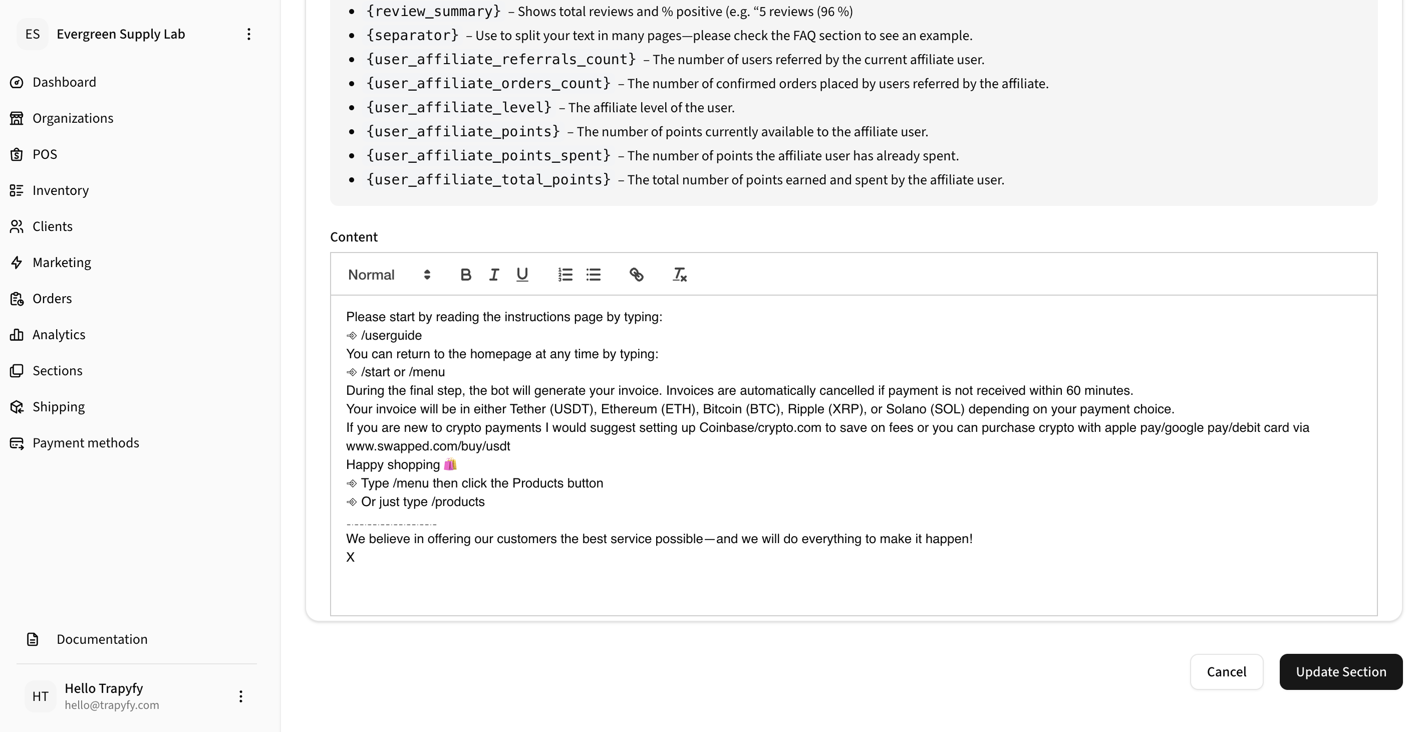 Edit Section content editor showing a rich text toolbar (Normal, Bold, Italic, Underline, bullet/number lists, link, text formatting) and sample section content with bot navigation instructions and payment guidance