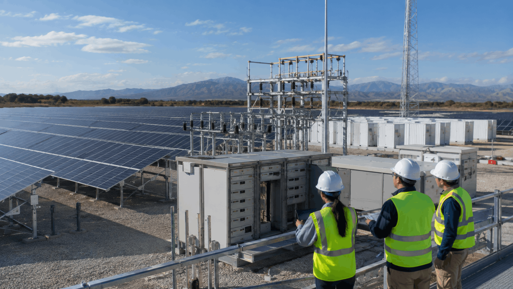 Field engineers reviewing substation and battery energy storage equipment alongside a utility-scale solar array