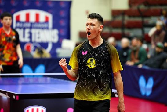 Enzo Angles celebrating a point for the Carolina Gold Rush in Major League Table Tennis