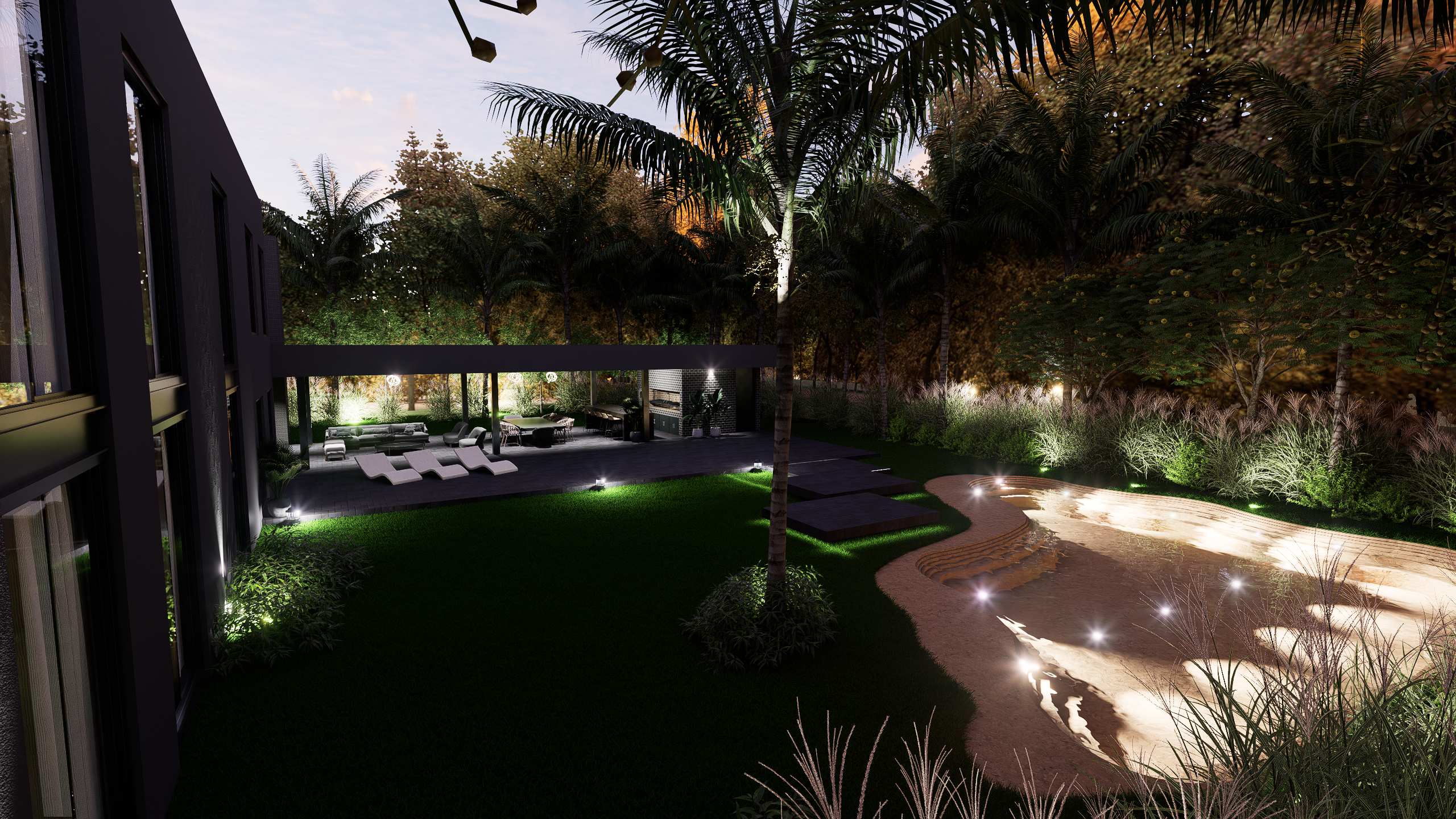 Jardín nocturno con espejo de agua, plataformas y palmeras iluminadas