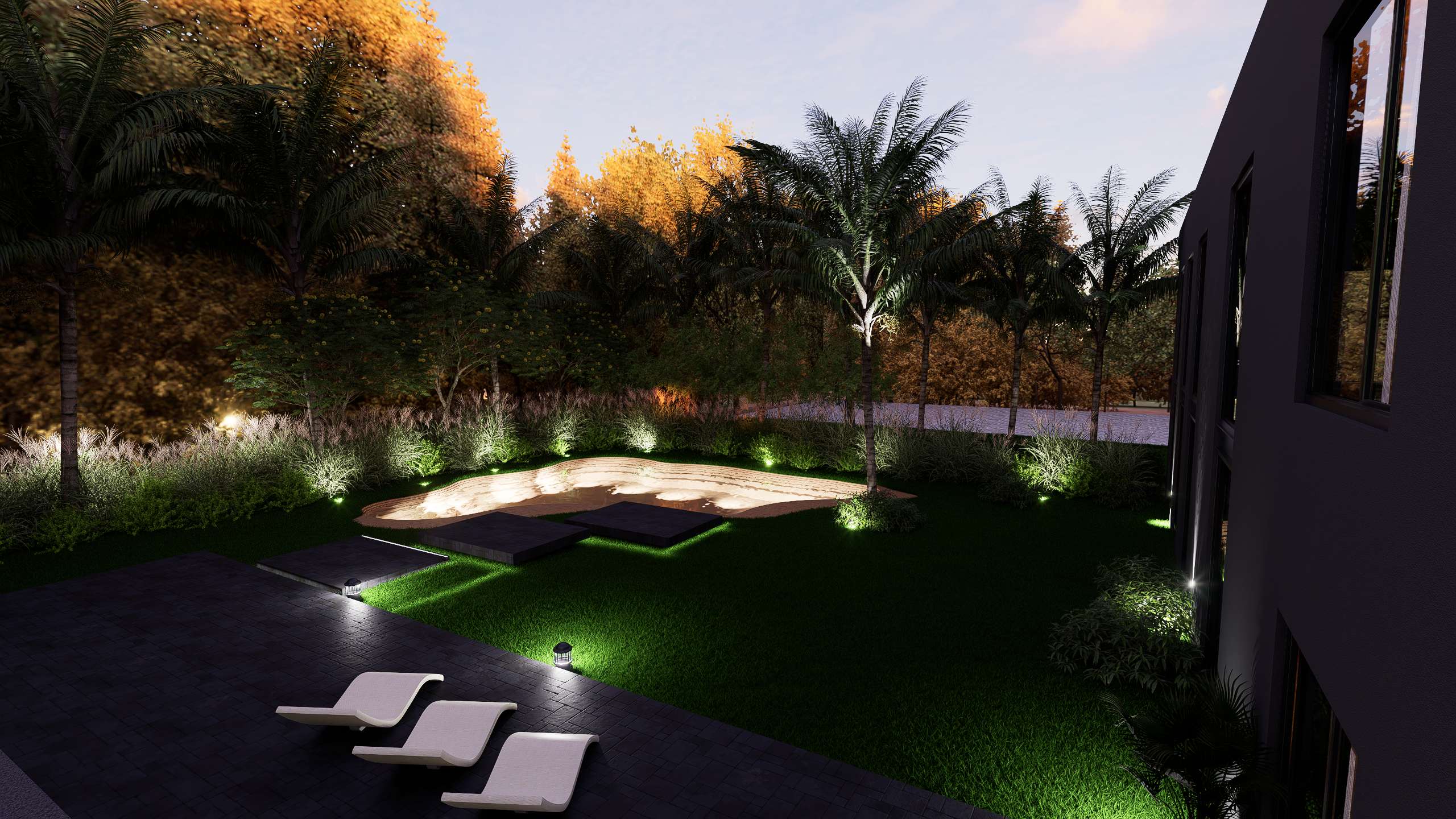 Vista nocturna del espejo de agua orgánico con reposeras y vegetación