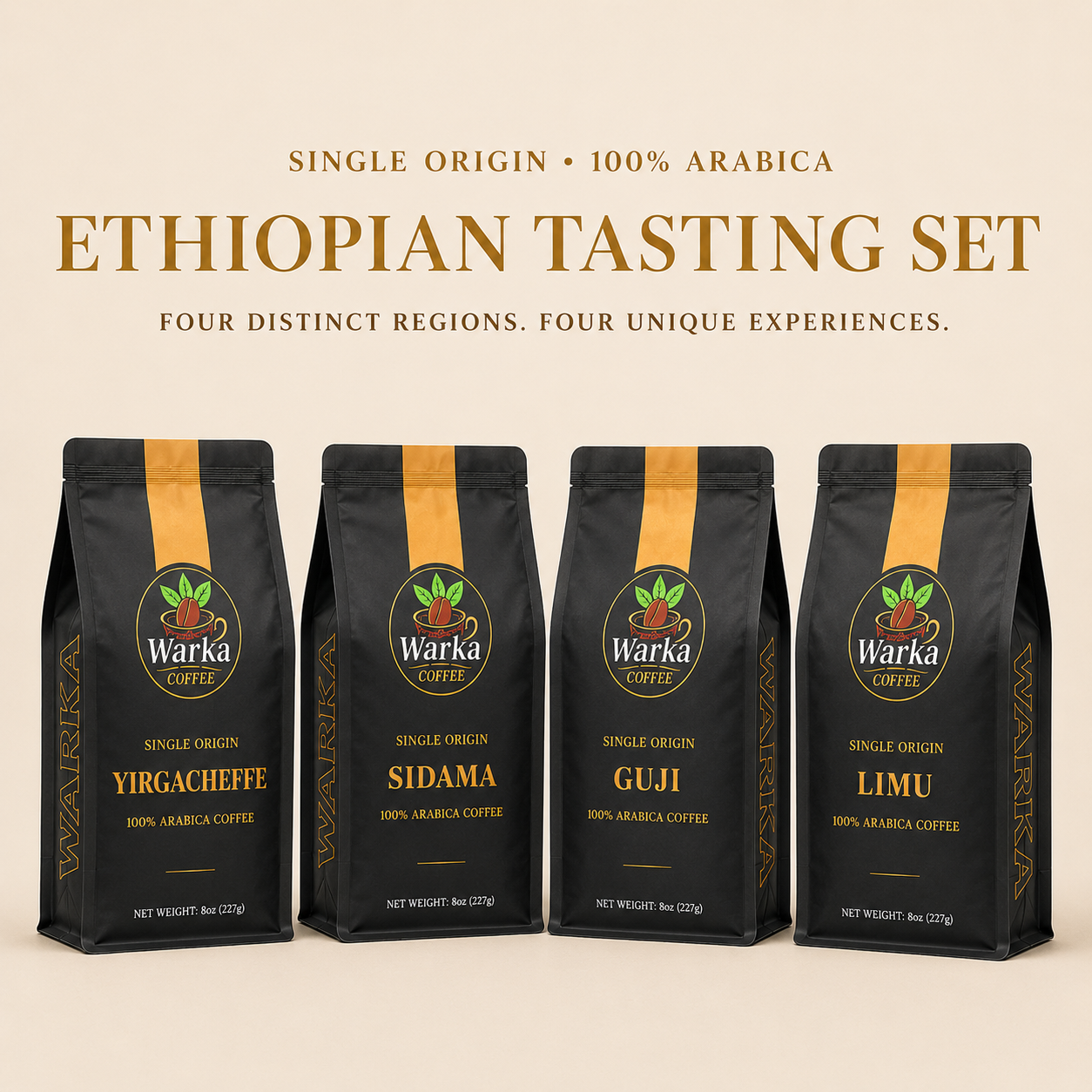 Ethiopian tasting set featuring Warka Coffee bags from Yirgacheffe, Sidama, Guji, and Limu