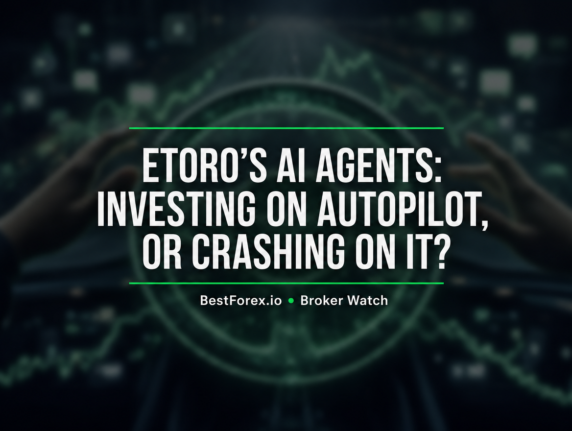eToro AI agents trading autopilot visualization — BestForex.io Broker Watch editorial analyzing AI-powered investment tools and Grok sentiment analysis risks