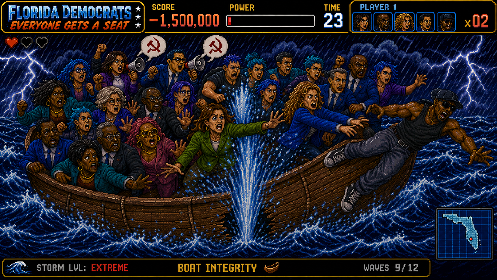 A 16-bit arcade game titled FLORIDA DEMOCRATS: EVERYONE GETS A SEAT, where panicked Democratic figures cram into a sinking life raft during an extreme storm.
