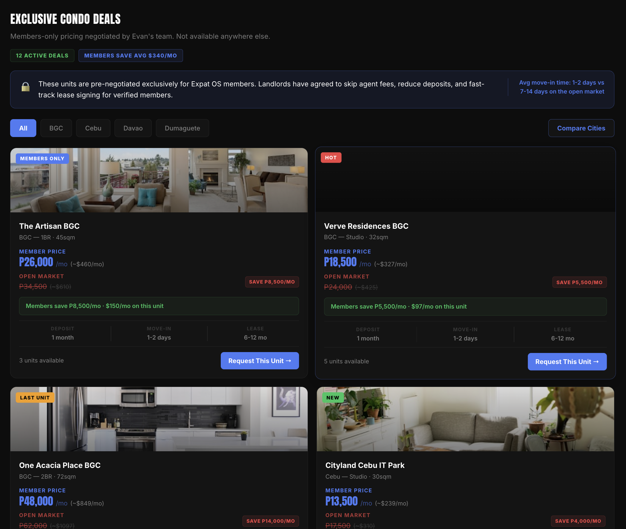 Exclusive Condo Deals showing member pricing vs open market rates for The Artisan BGC, Verve Residences, and more