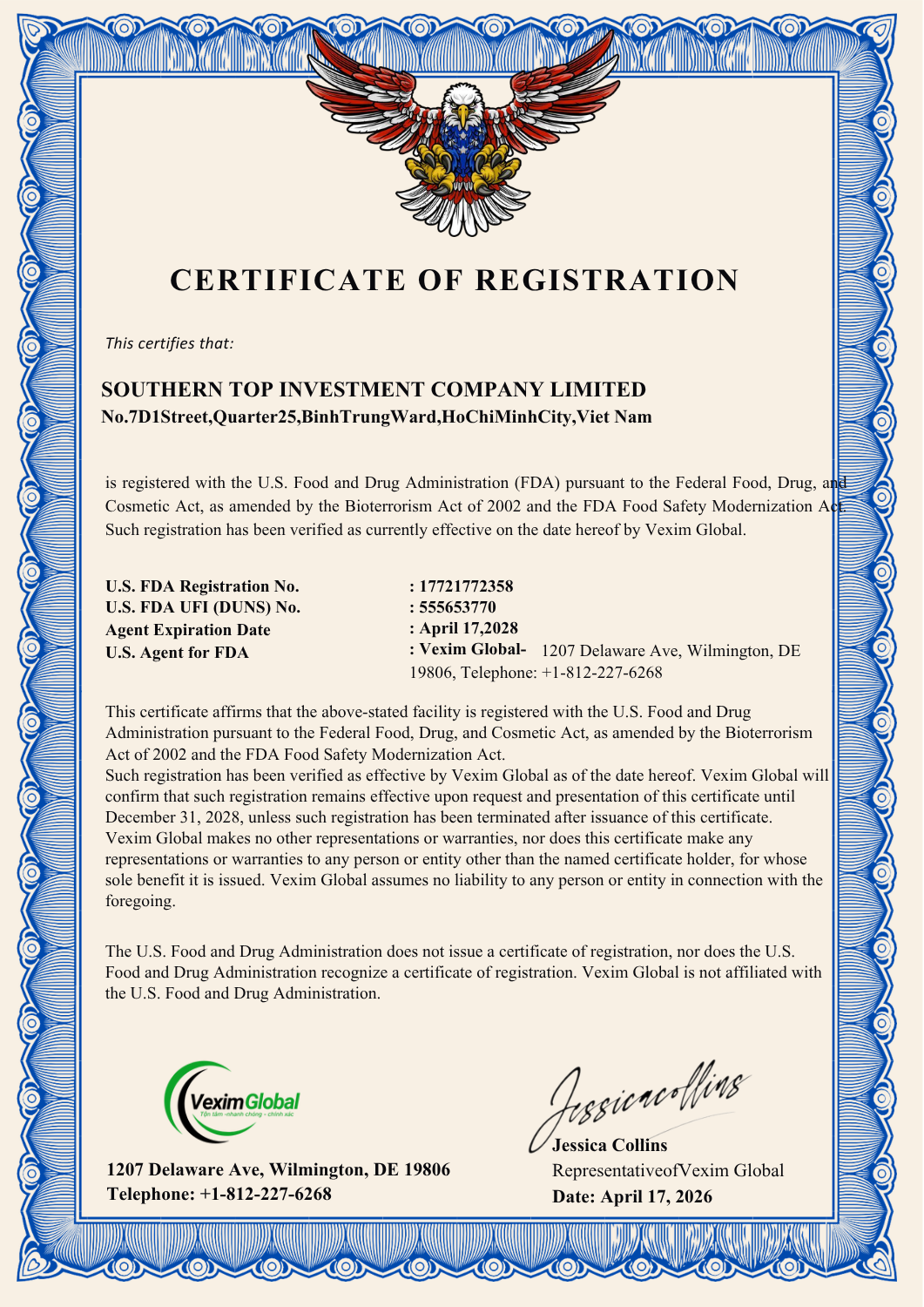 FDA Certificate of Registration - Vexim Global
