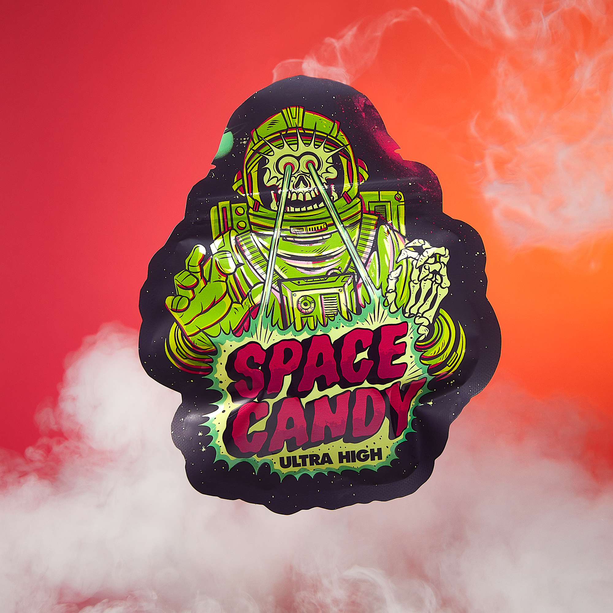 Custom die-cut Space Candy mylar bag with bold graphic design