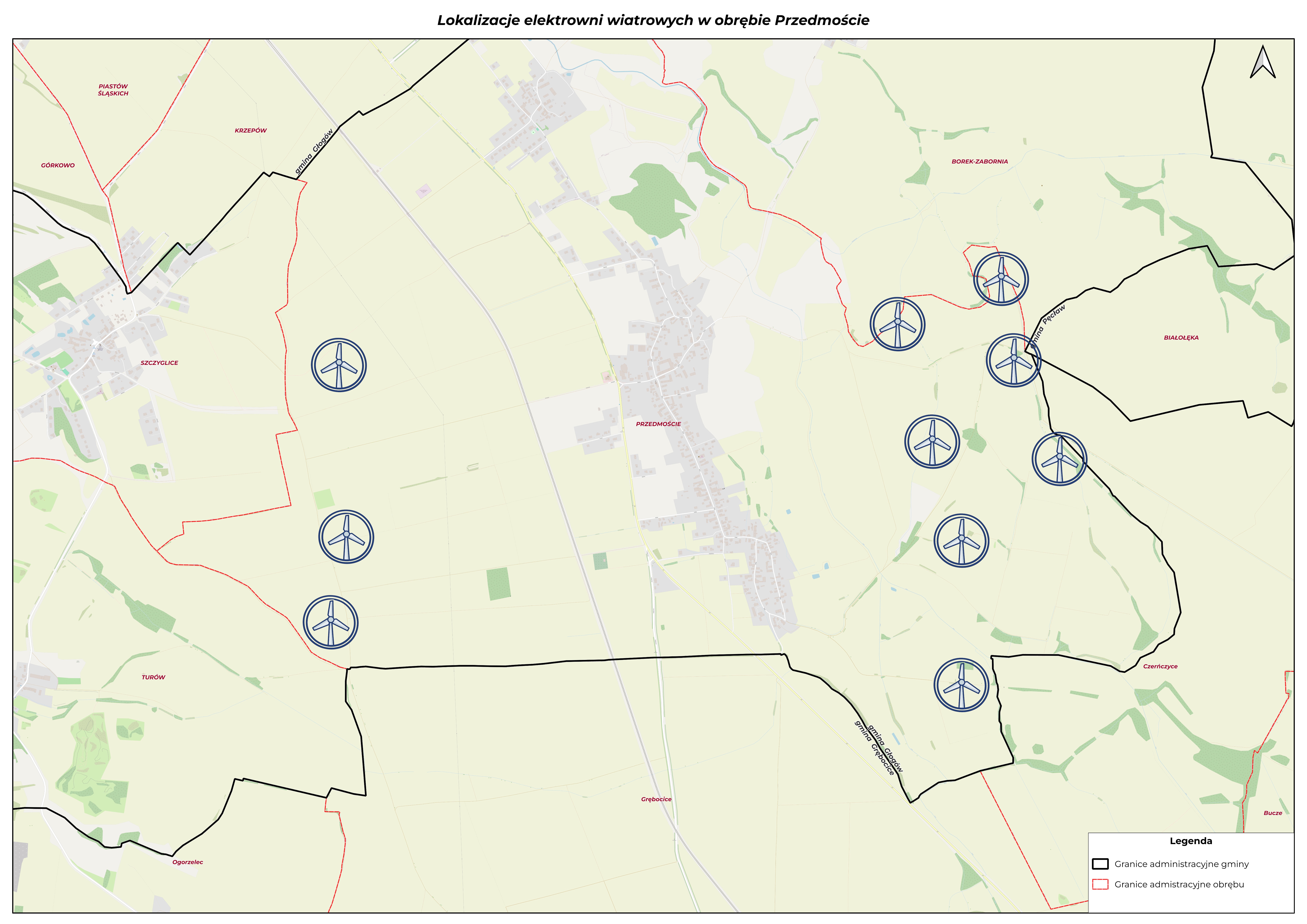 Mapa lokalizacji elektrowni wiatrowych w obrębie Przedmoście z zaznaczonymi turbinami, granicami gmin i obrębu oraz legendą