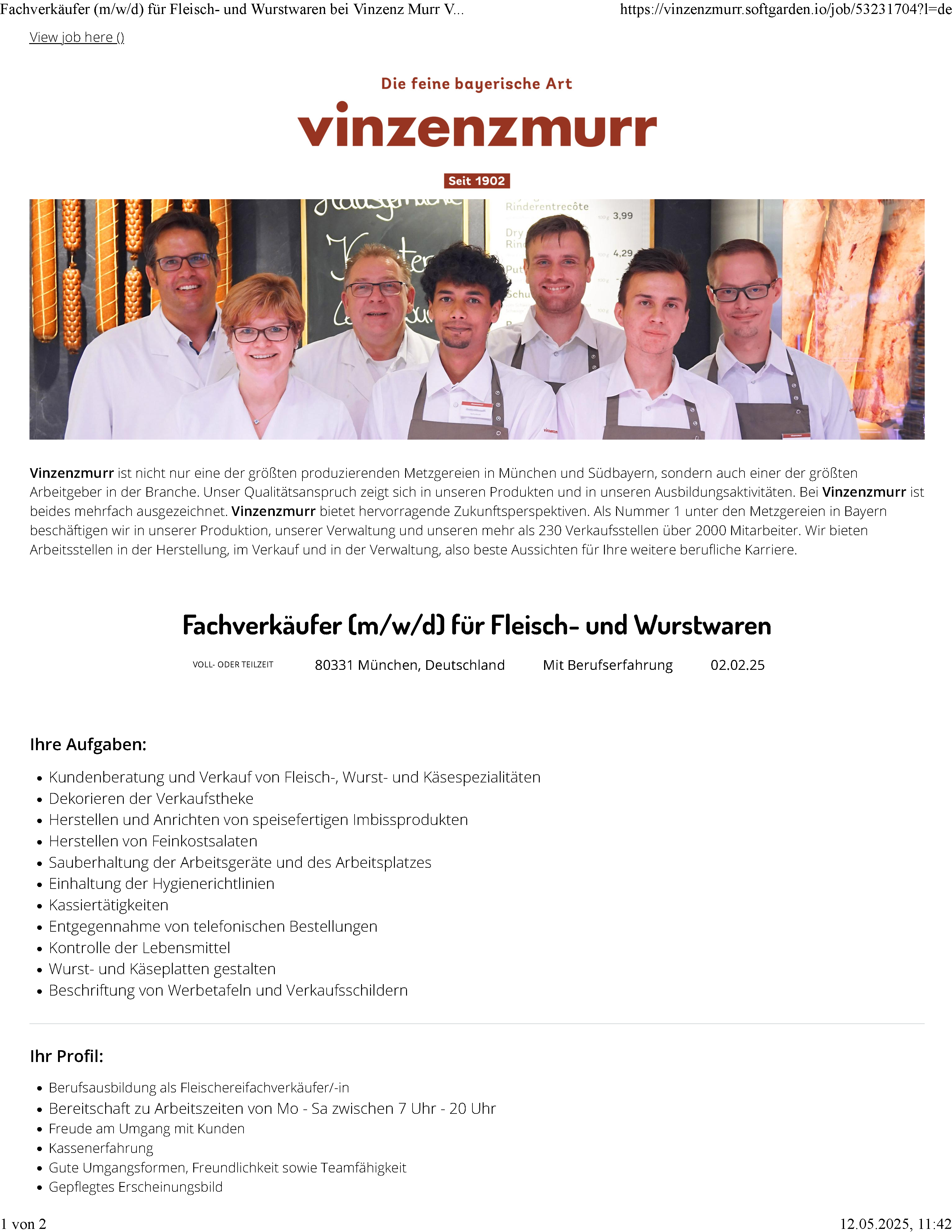 Vinzenzmurr – Fachverkäufer (m/w/d) für Fleisch- und Wurstwaren