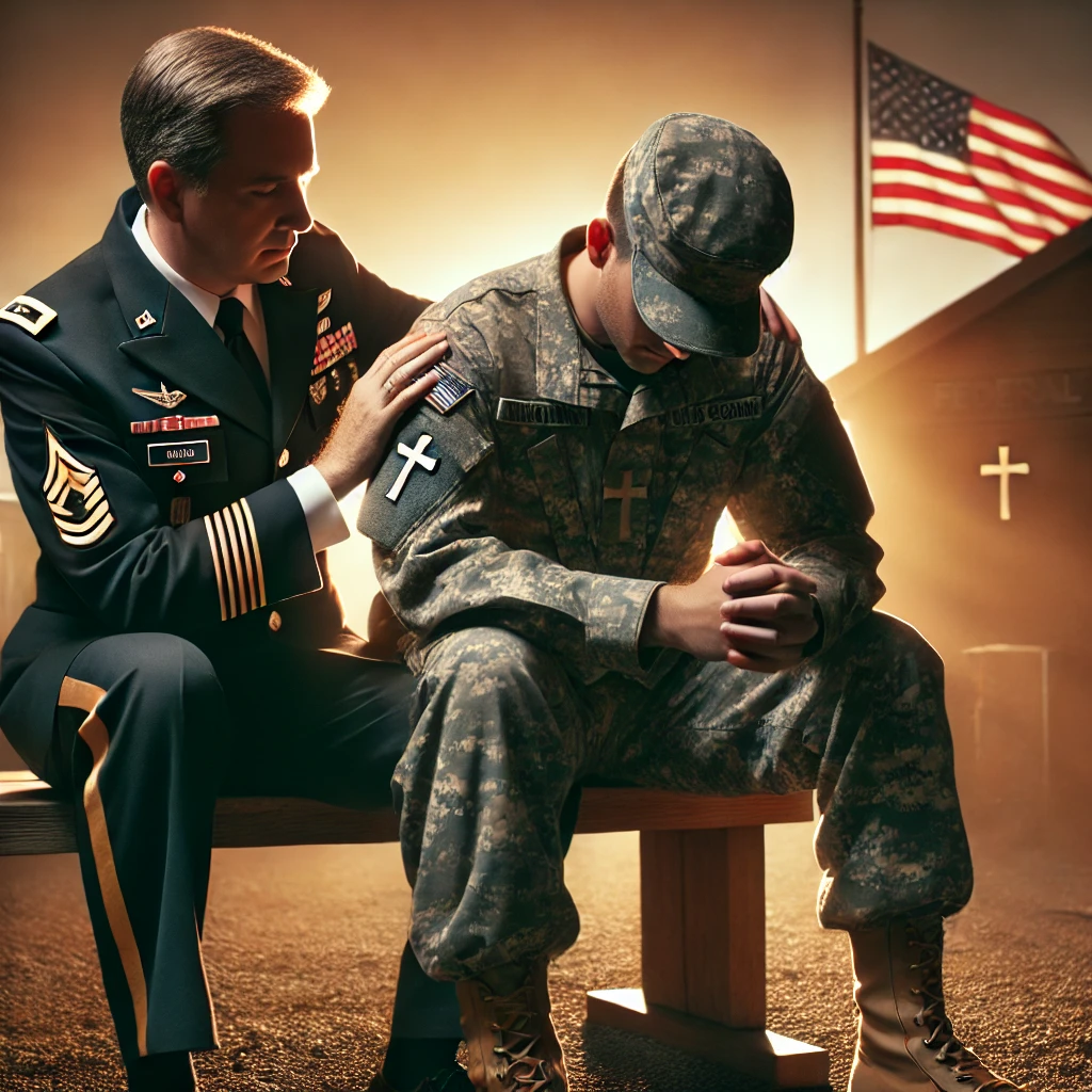 A military chaplain providing spiritual support and consolation to a service member, with an American flag and cross in the background