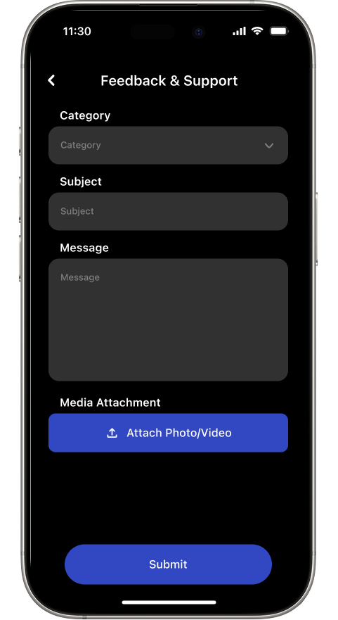 Feedback & Support form showing Category dropdown, Subject input, Message text area, Attach Photo/Video button, and Submit button