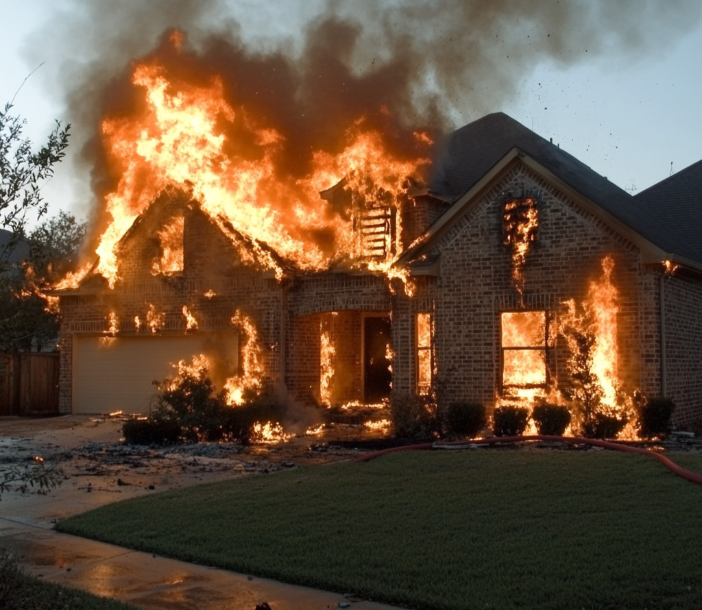 Home engulfed in flames showing severe fire damage