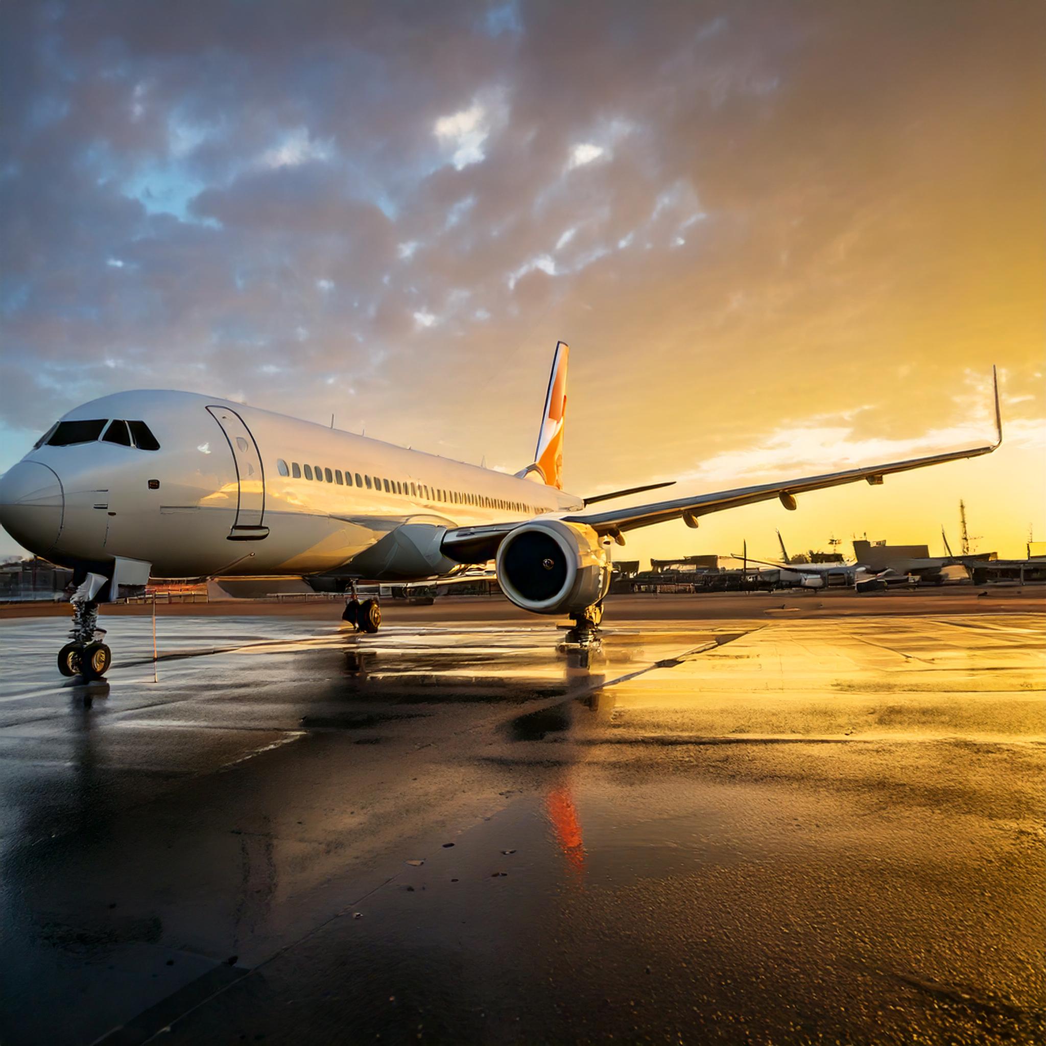 Commercial aircraft at sunset on wet tarmac, representing ULDLink's aviation industry expertise