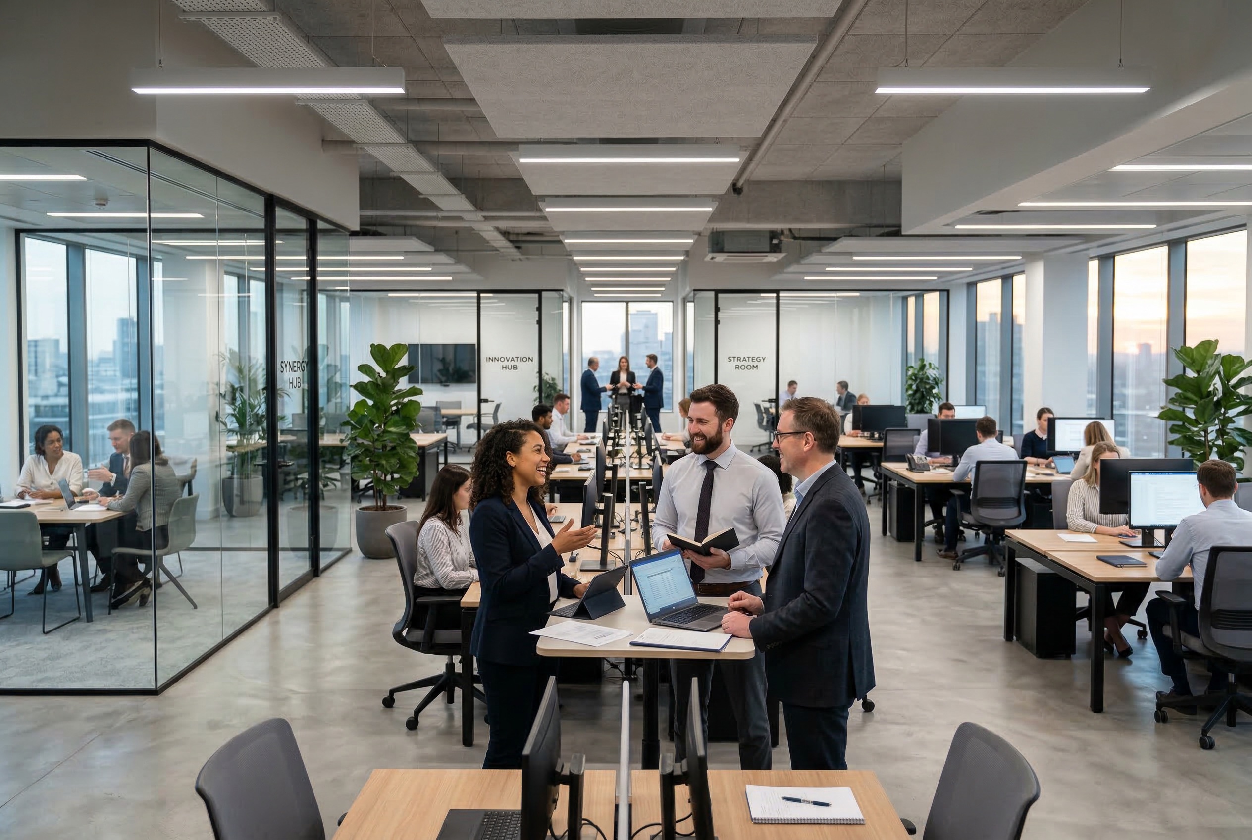 Corporate office team collaborating at modern workspace with Innovation Hub