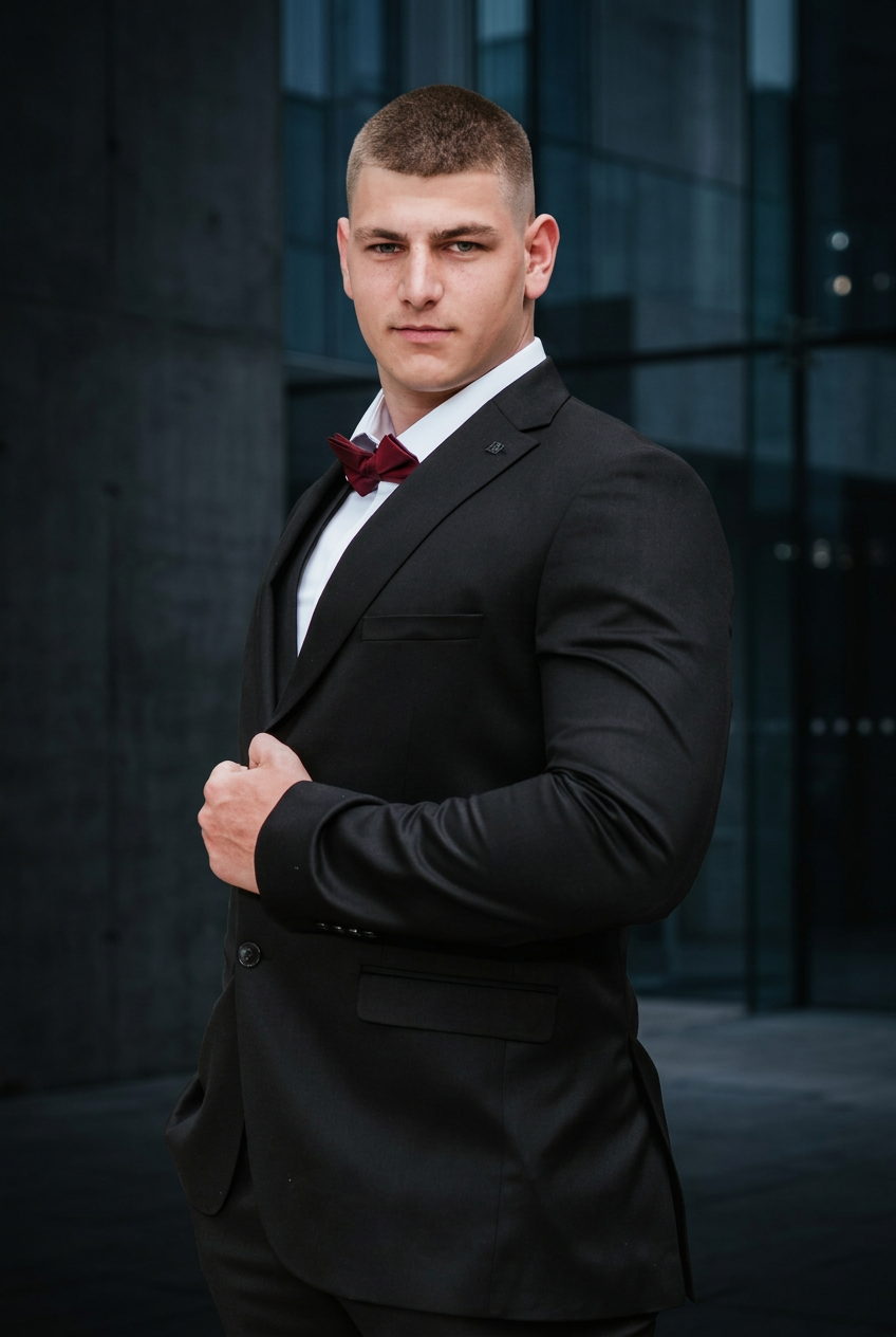 Founder in a black suit and burgundy bow tie in front of a modern glass building
