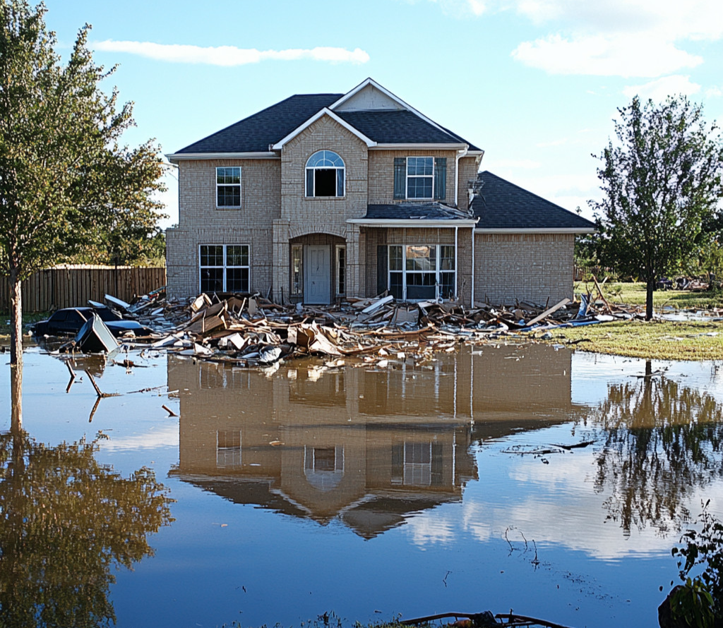 Flooded home with water damage and debris