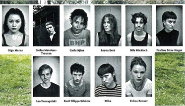 Schwarz-Weiß-Porträts der zehn beteiligten Schauspielstudierenden: Olga Marne, Carlos Monolese-Trousson, Carla Njine, Leona Bert, Nils Miekich, Pauline Stine Steger, Leo Domogalski, Emil Filippo Schäler, Mika und Felina Zenner