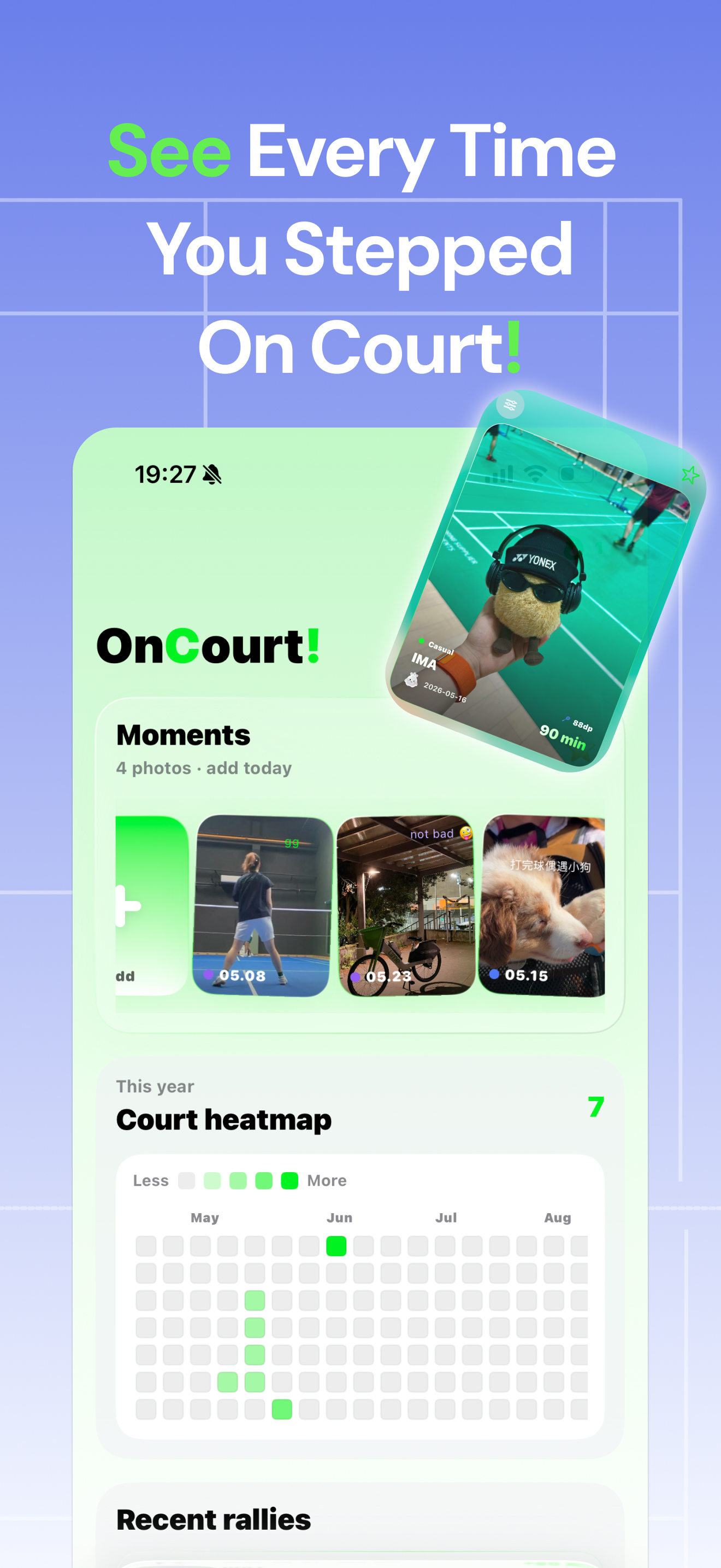 OnCourt! Moments screen: photo grid and court heatmap calendar