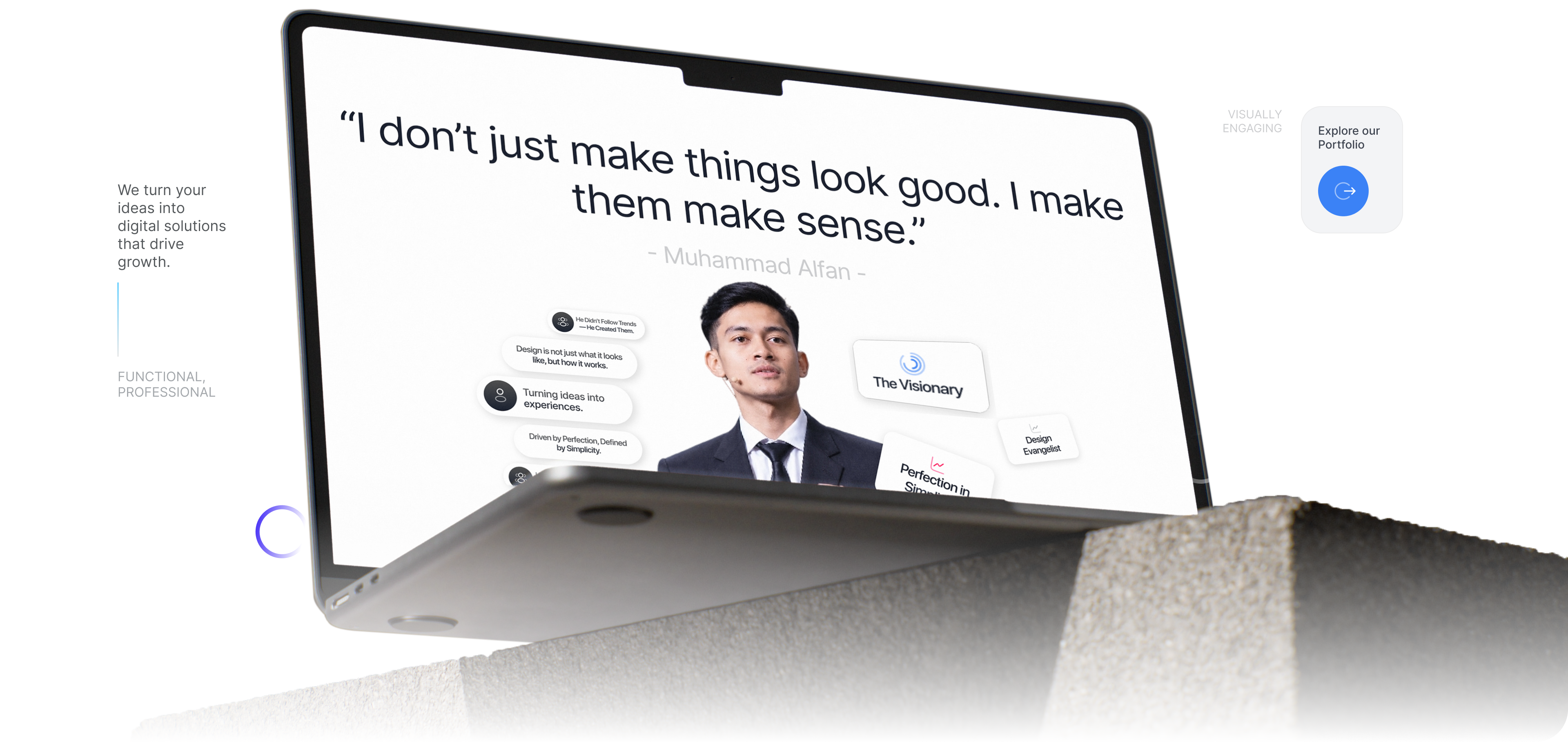Portfolio work shown on a laptop