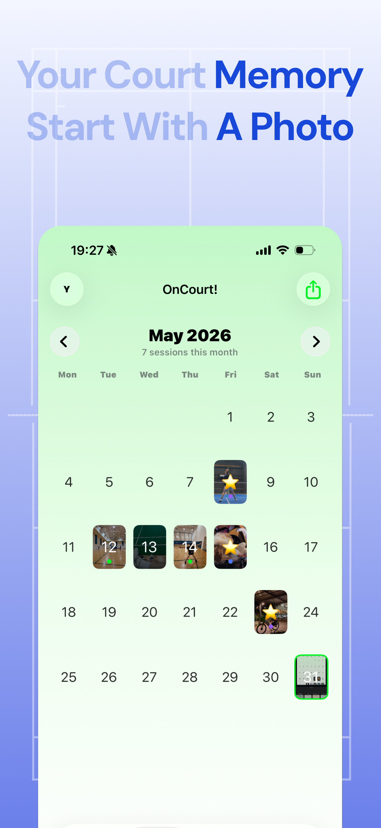 OnCourt! Calendar view: played dates filled with your own court photos