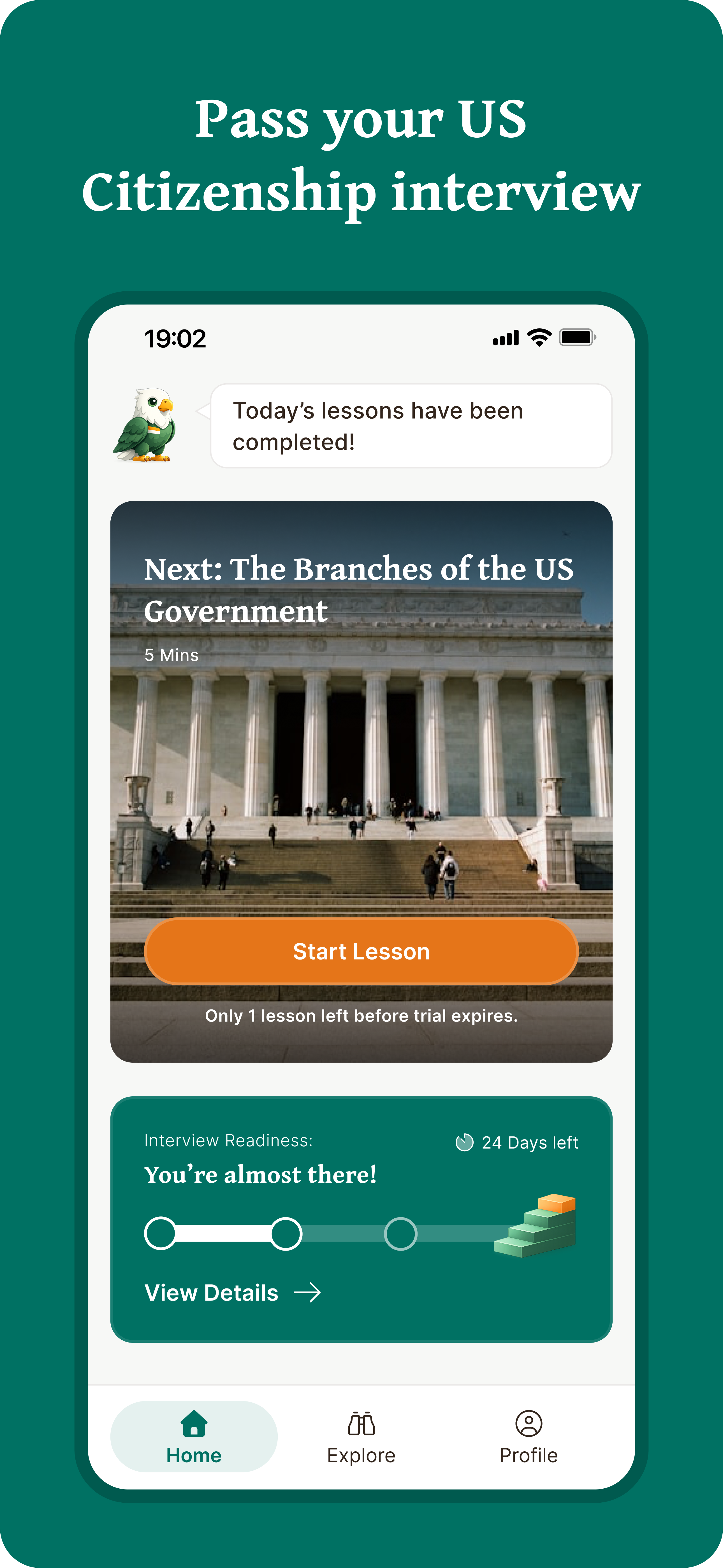 Pass your US Citizenship interview — home screen with readiness tracker