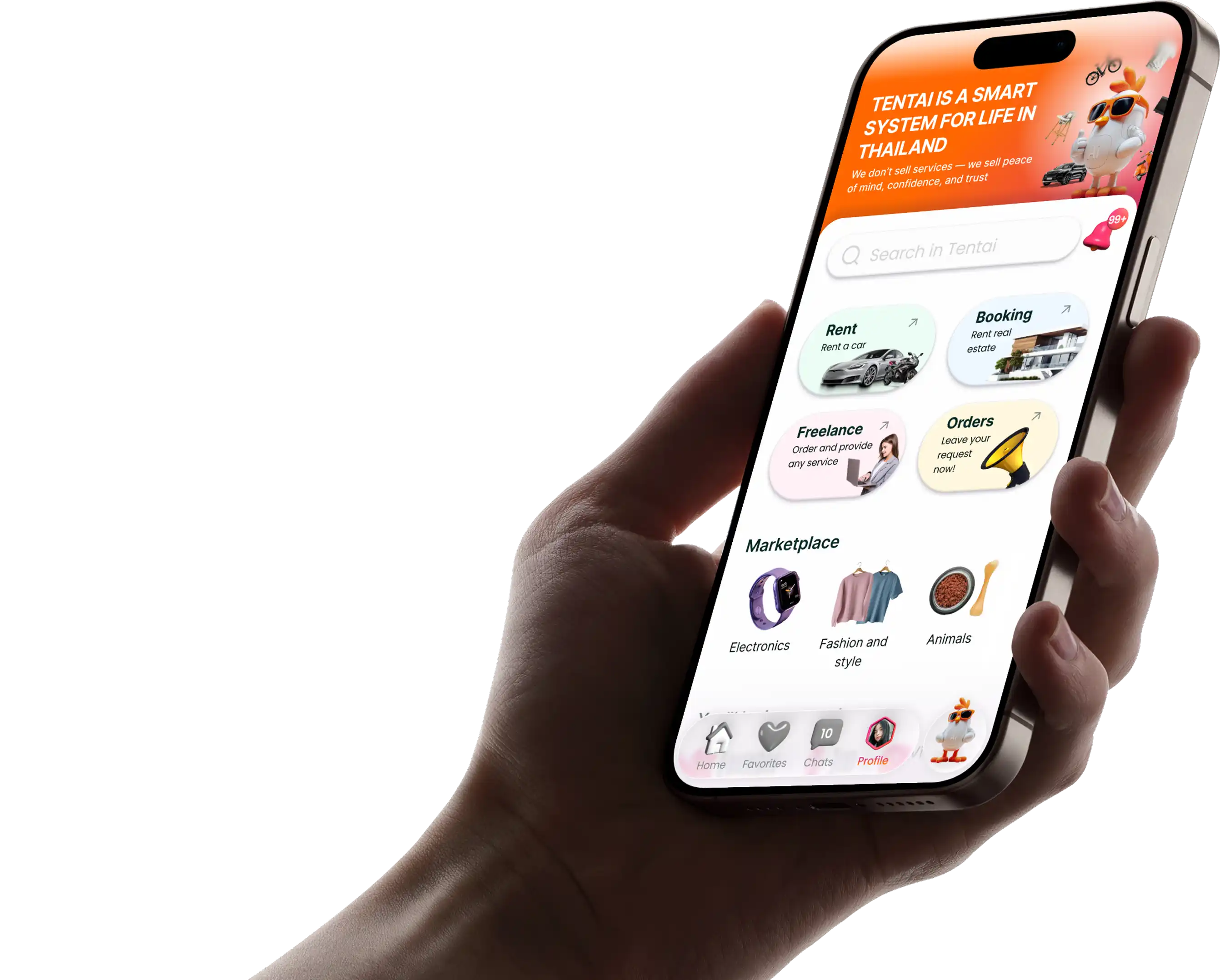 Tentai app on iPhone showing categories: Rent, Booking, Freelance, Orders and Marketplace