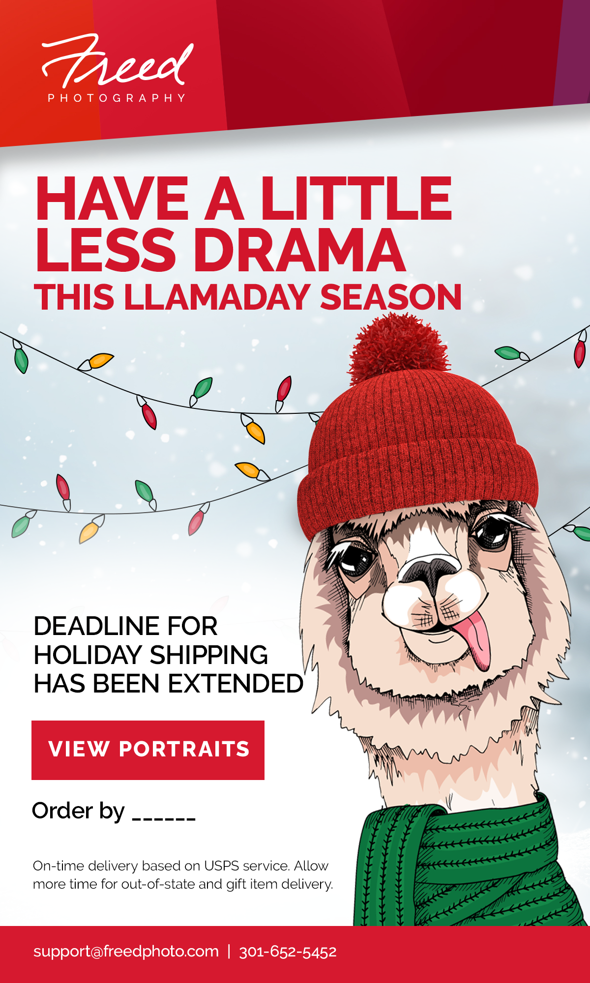 Freed Photography Have A Little Less Drama This Llamaday Season holiday campaign with illustrated llama in winter attire