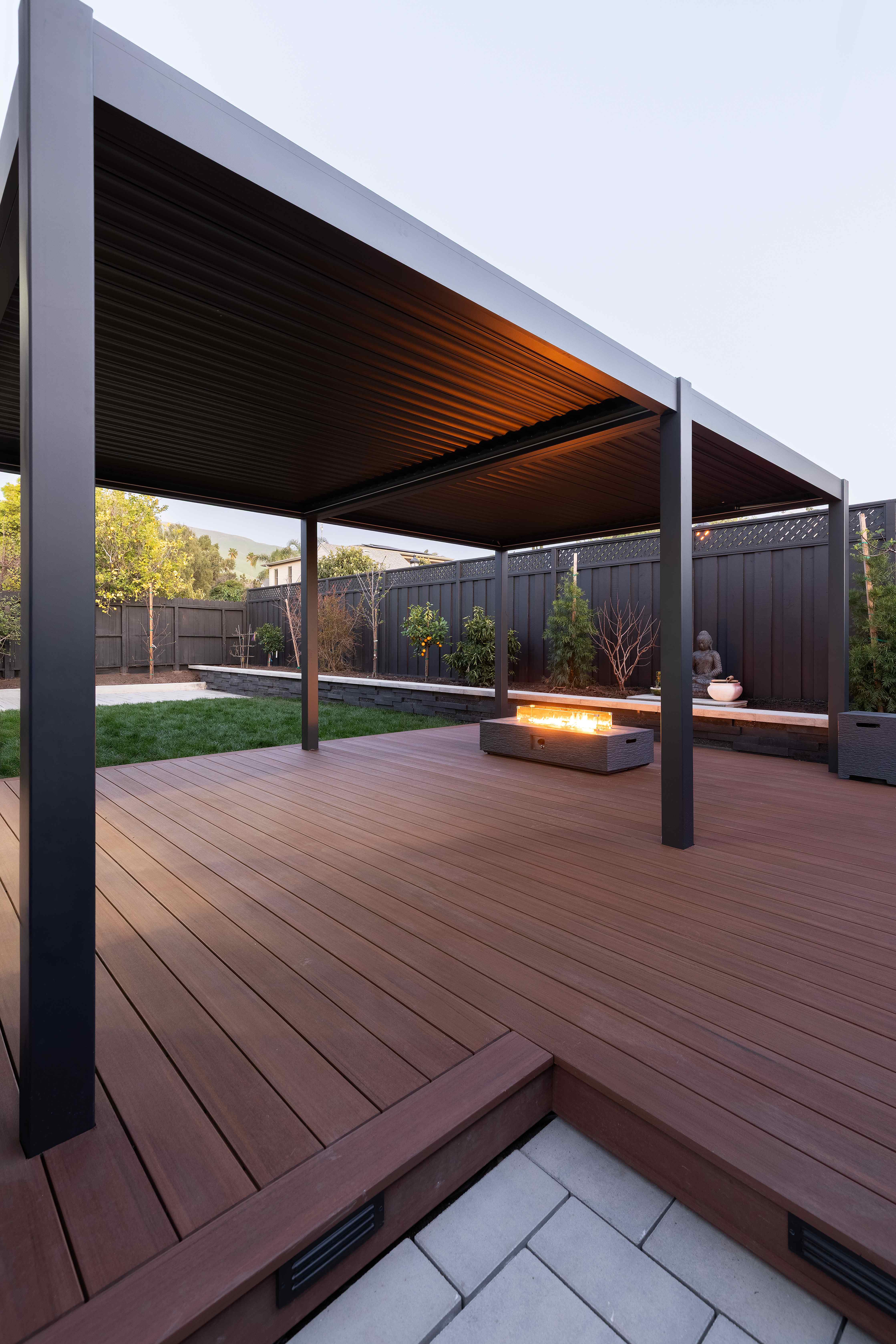 Pergola angle with fire pit focal point