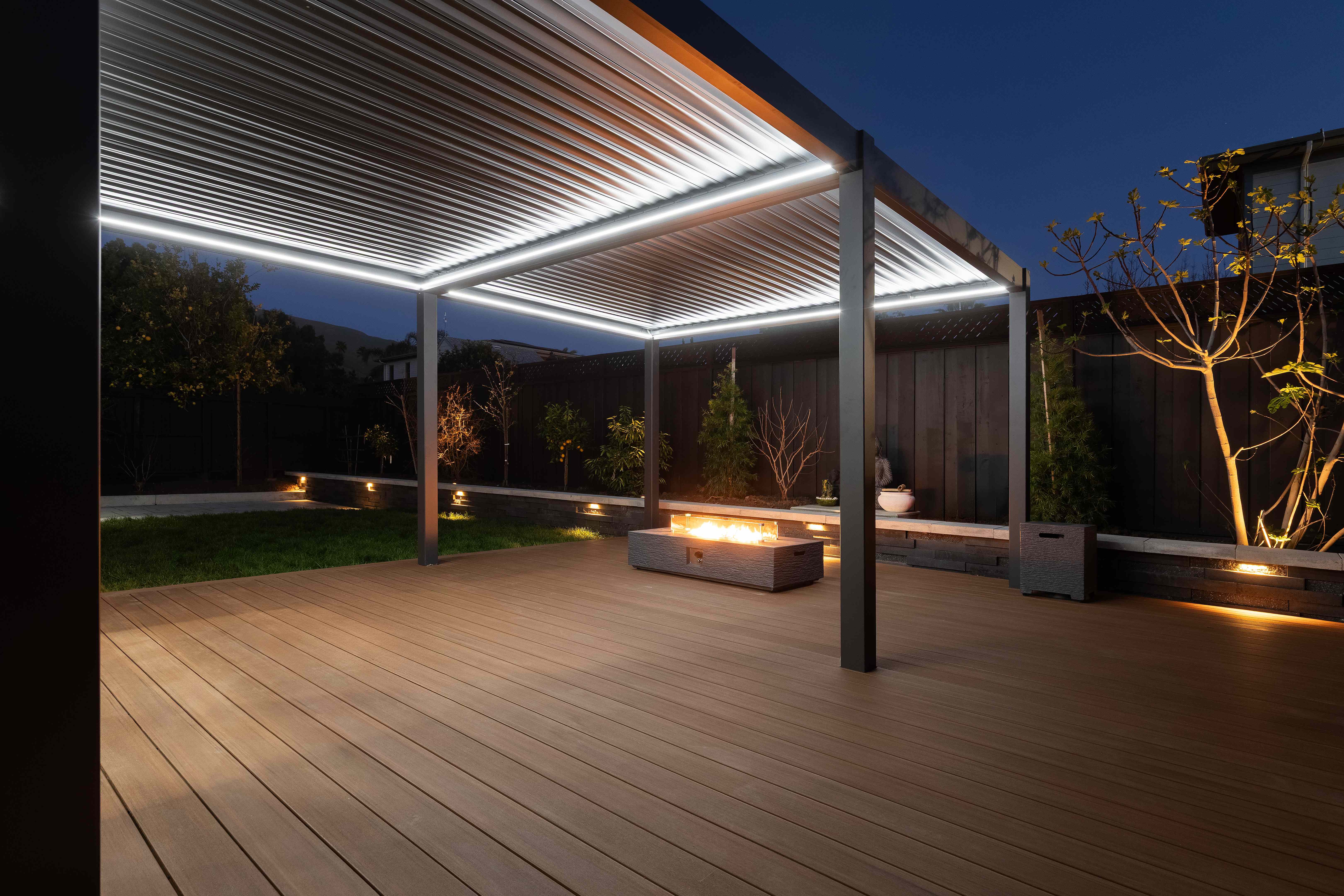 Pergola with LED strip lighting at night