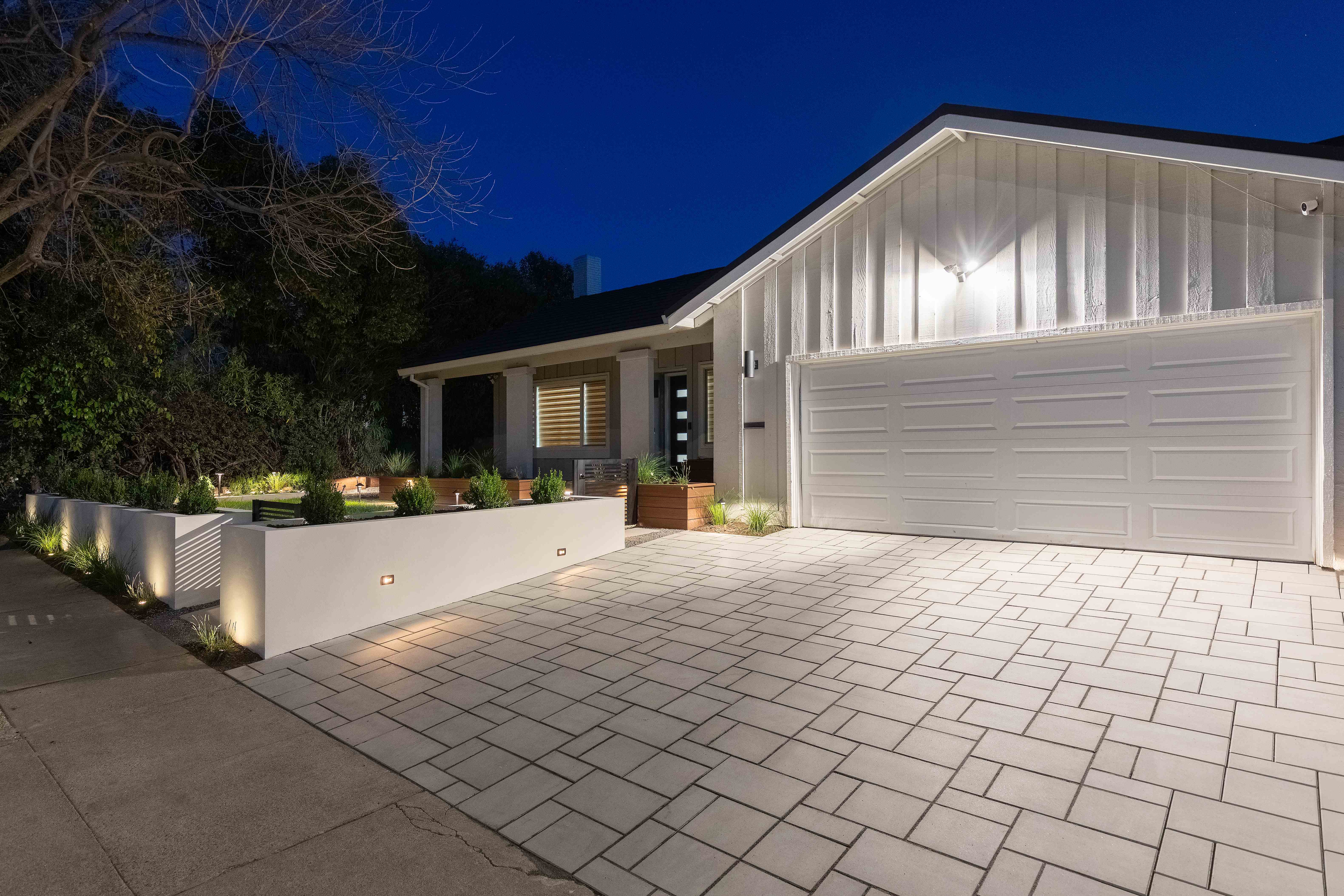 Front yard driveway at twilight