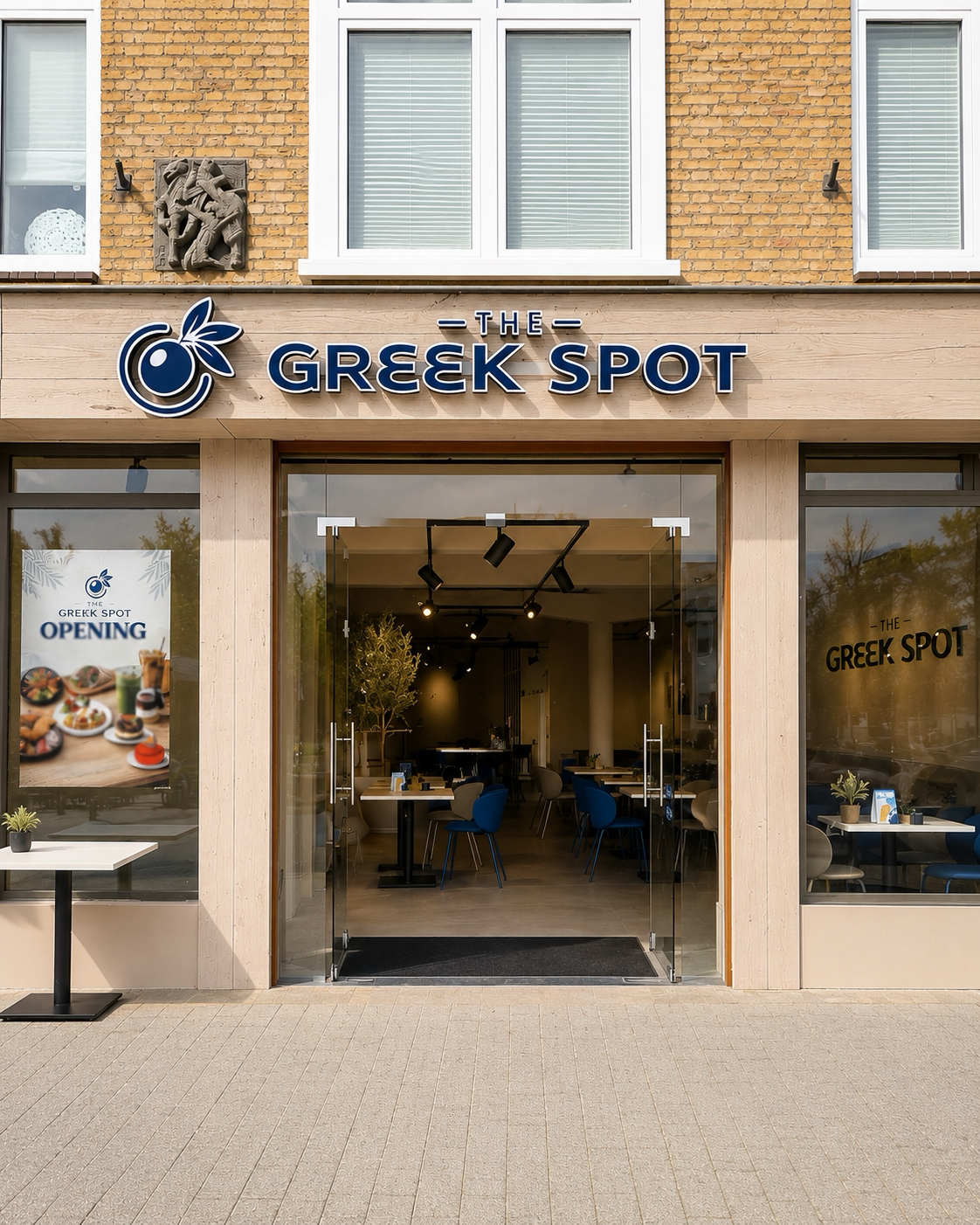 Restaurant entrance with The Greek Spot signage
