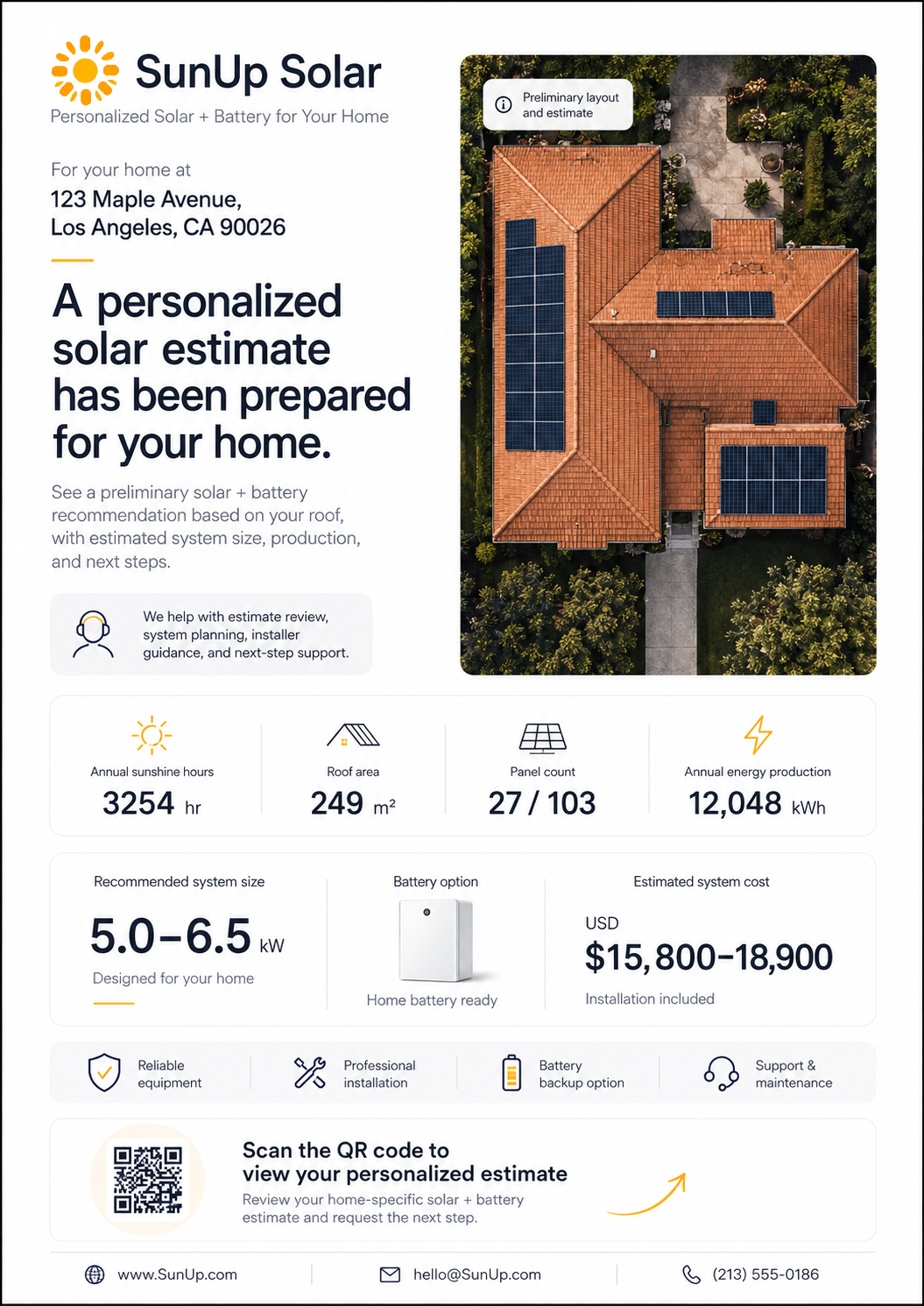 Mailer front side — aerial roof layout with solar panels and preliminary savings estimate