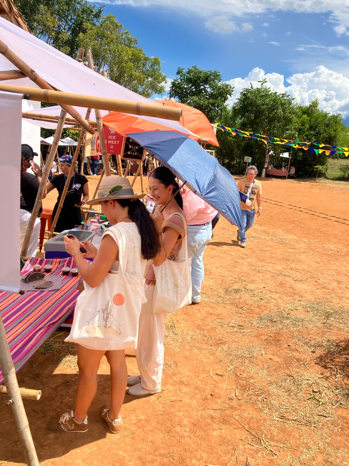 Visitantes recorriendo los puestos de la feria con sombrilla