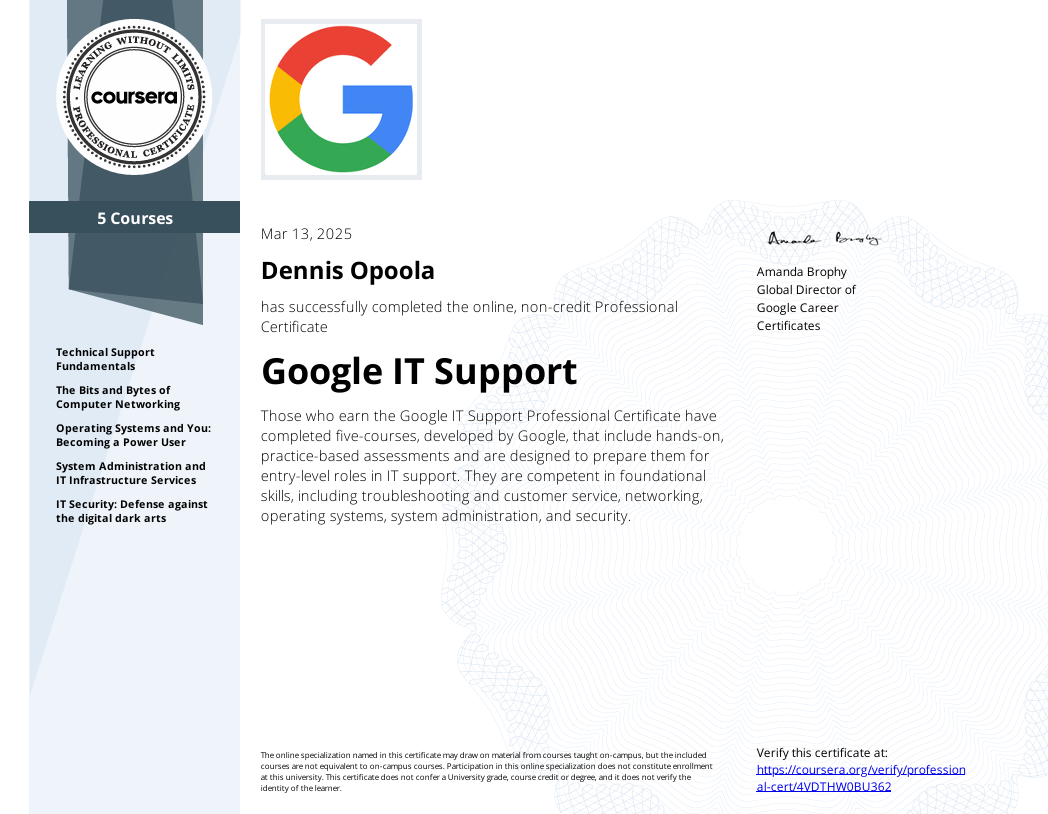 Google IT Support Professional Certificate certificate