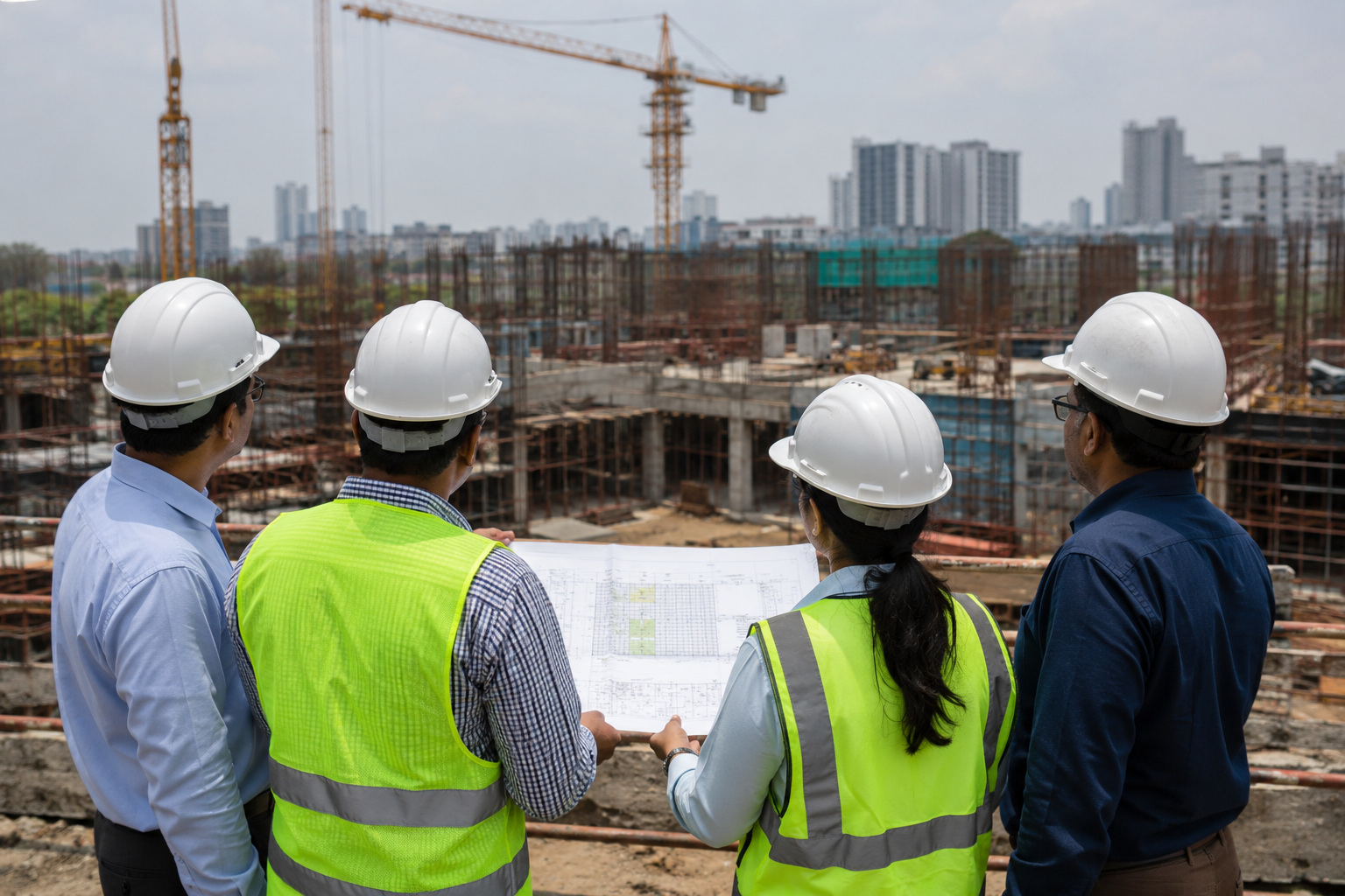 NKD Projects team reviewing construction blueprints on site