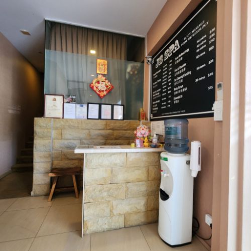 Jin Sin Spa reception area and treatment menu
