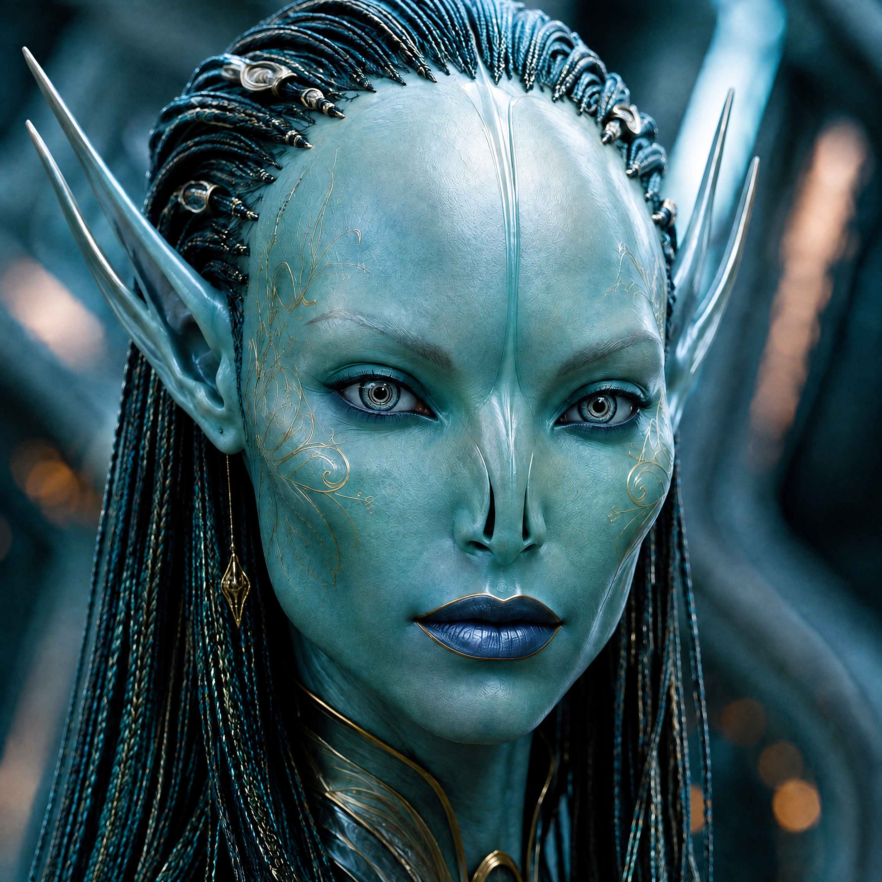 Close-up portrait of a Gamaen female with lighter mint-teal skin, prominent pointed ears, golden filigree tattoo patterns, silver-grey irises, long dark braided hair with metallic clasps and a gold diamond earring, and blue-purple lips