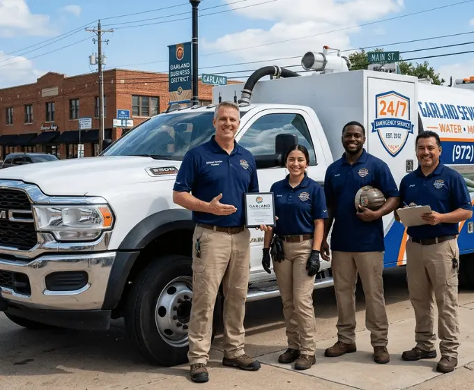 Garland Sewage Cleanup founder and crew standing beside a service truck in Garland, TX
