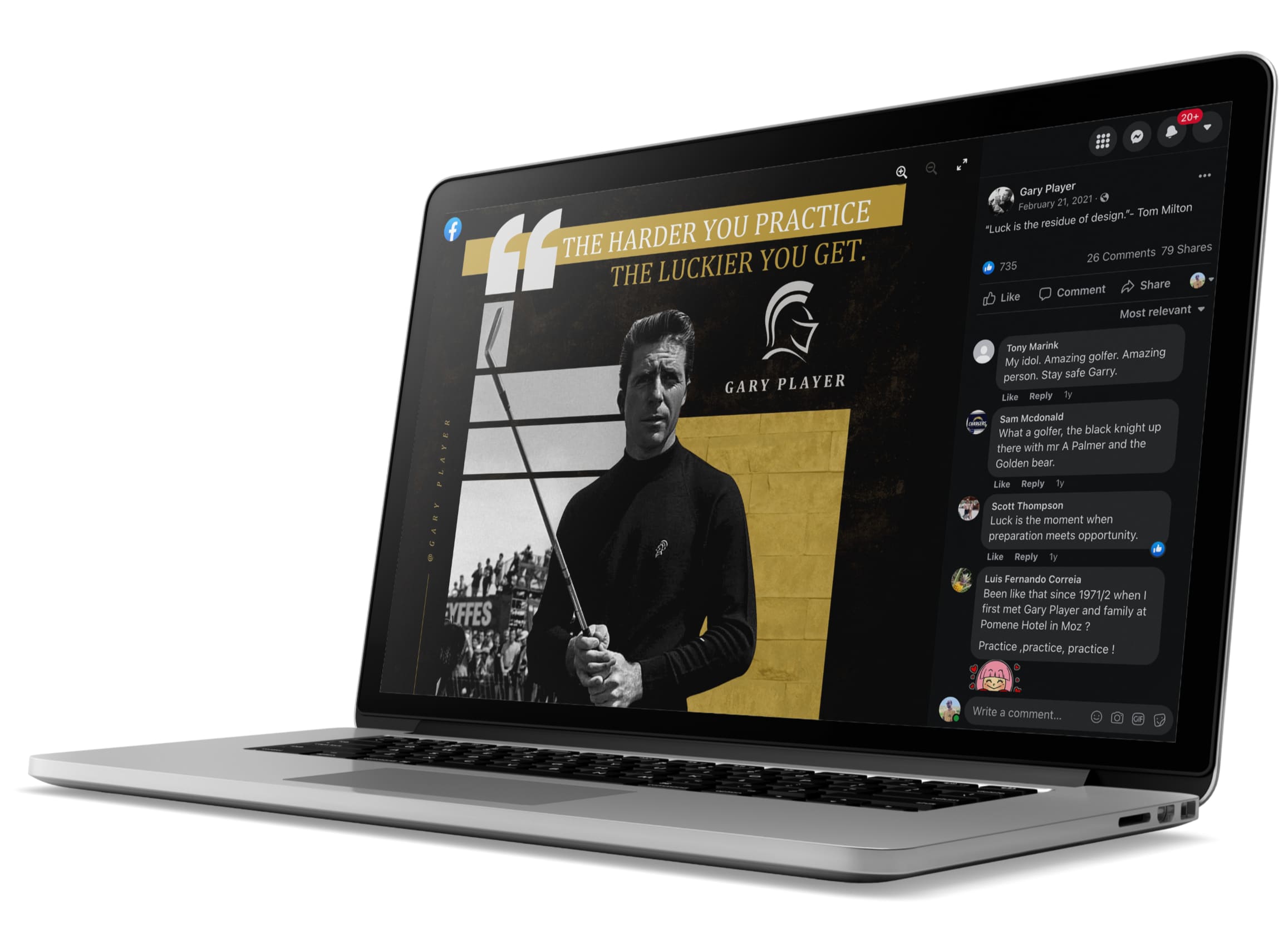 Gary Player Facebook post mockup - The harder you practice the luckier you get