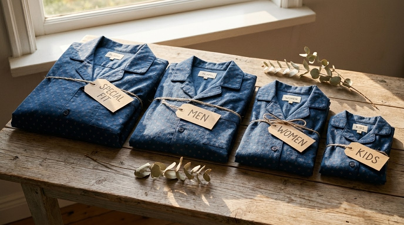 Apparel assortment labeled for women, men, kids, and special sizes
