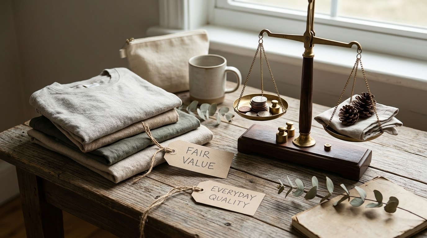 Folded apparel shown beside fair value and everyday quality tags