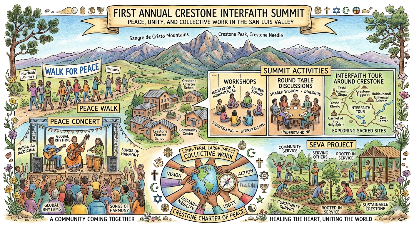 First Annual Crestone Interfaith Summit — illustrated overview showing Peace Walk, Peace Concert, Summit Activities, Interfaith Tour, Seva Project, and Long-Term Collective Work in the Sangre de Cristo Mountains