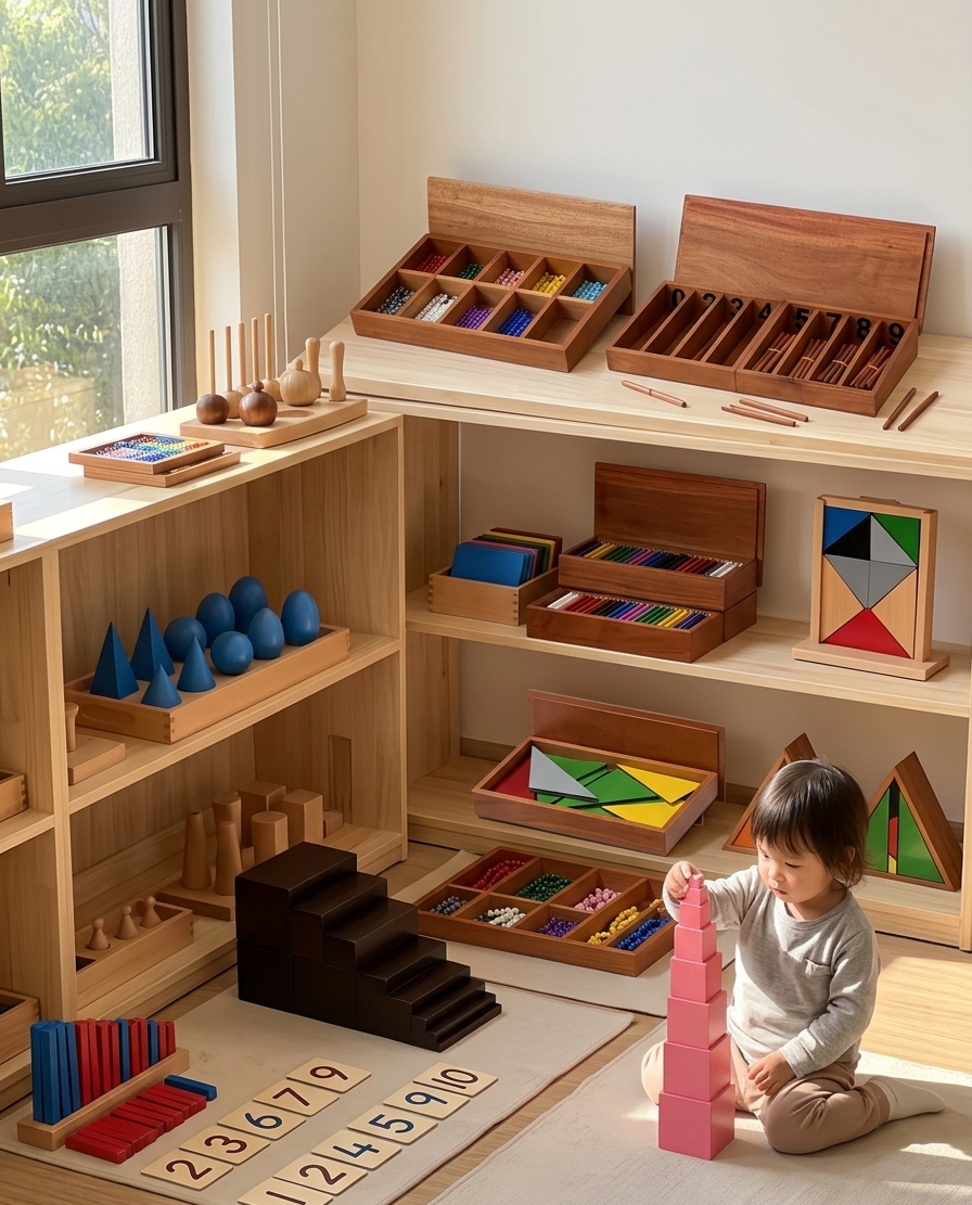 Toddler building the pink tower beside a full Montessori shelf