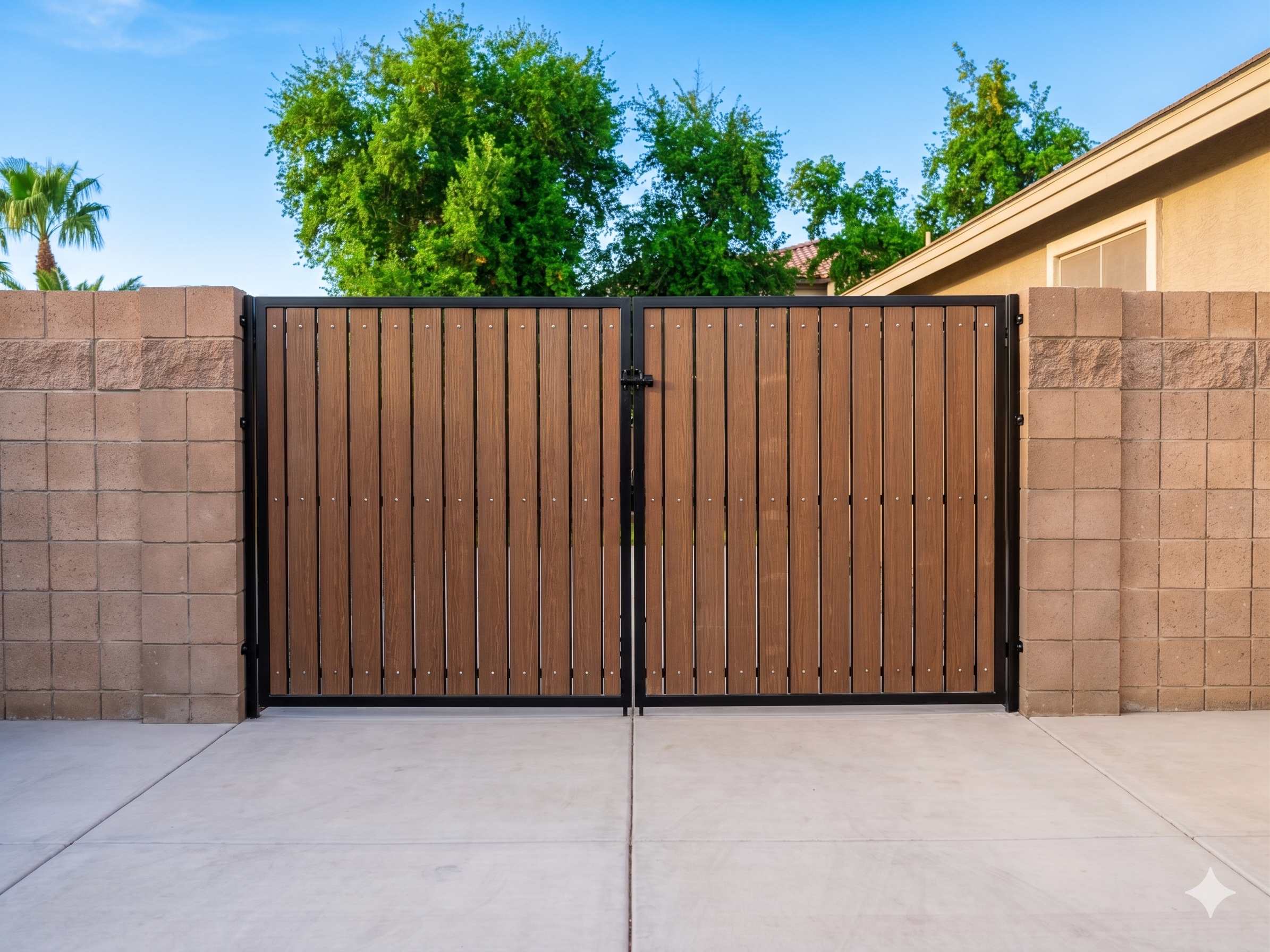 Double RV gate with natural wood panels and black metal frame